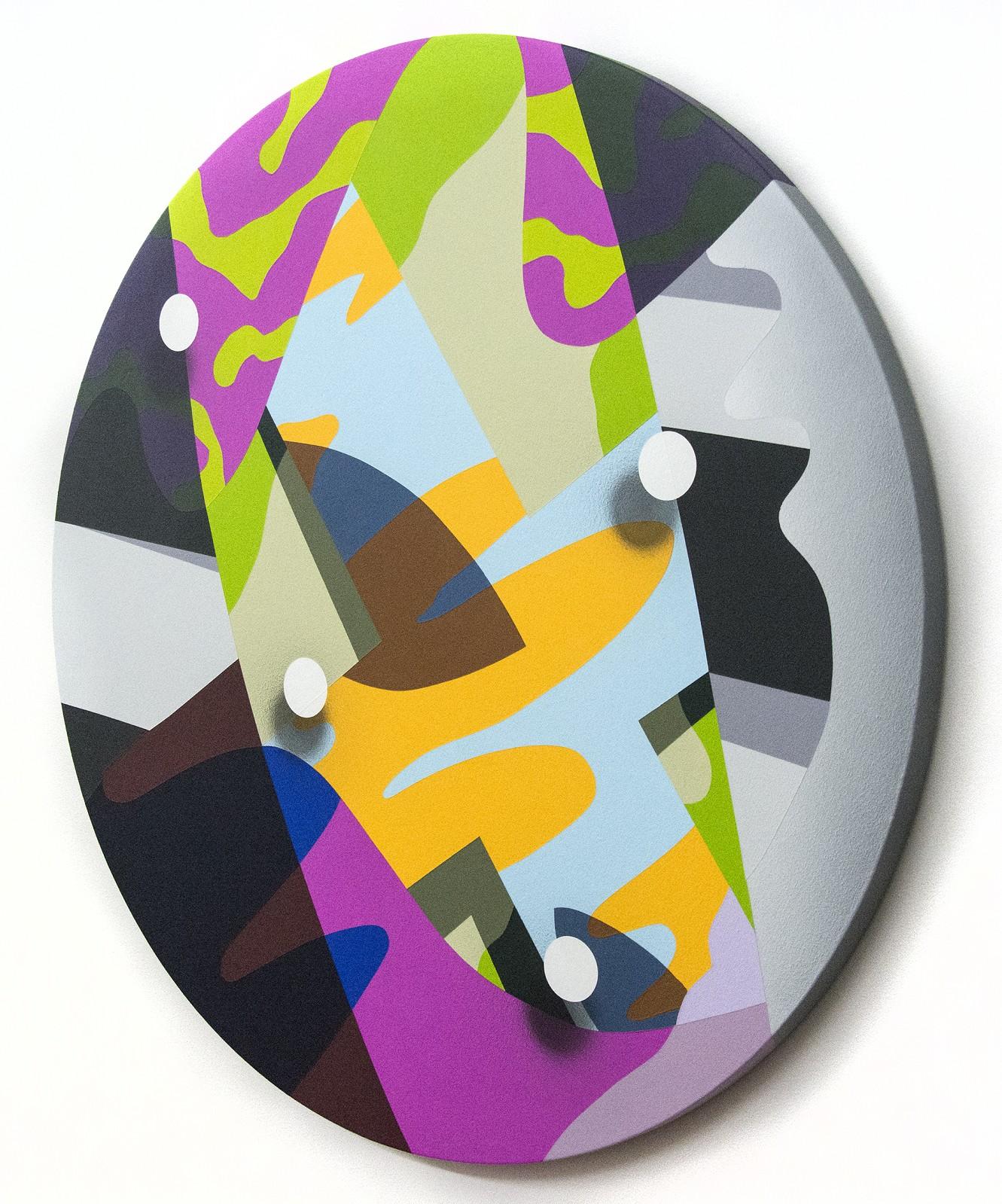 fluence - grafisch, orange, rosa, grün, geometrisch, tondo, Acryl auf Platte – Painting von Sylvain Louis-Seize