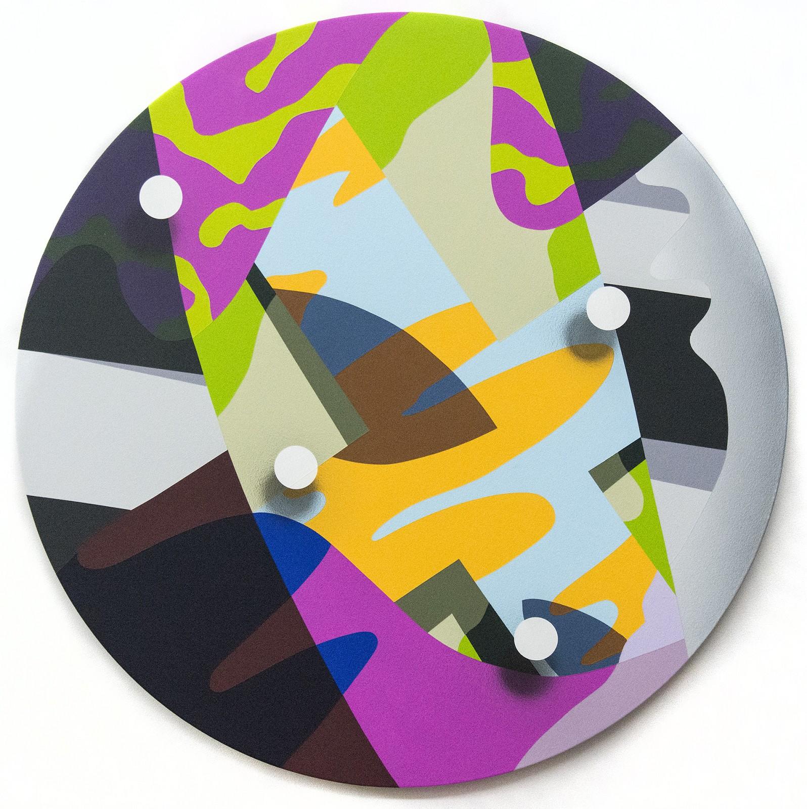 Confluence - graphic, orange, pink, green, geometric, tondo, acrylic on panel