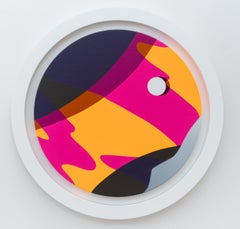Retinal Swish - arancio, rosa, nero, astratto geometrico, tondo, acrilico su pannello