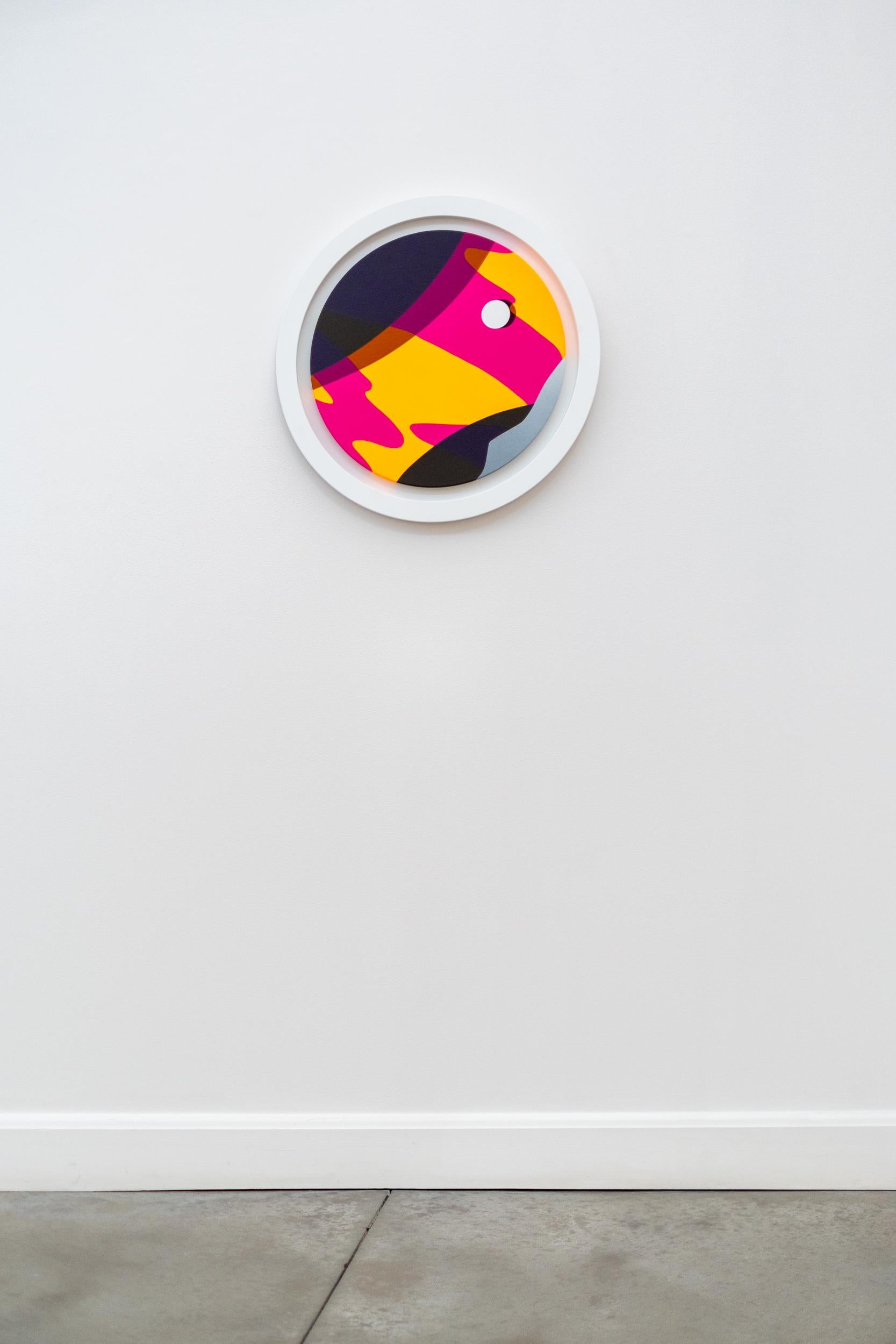 Retinal Swish - arancio, rosa, nero, astratto geometrico, tondo, acrilico su pannello - Painting Astratto di Sylvain Louis-Seize