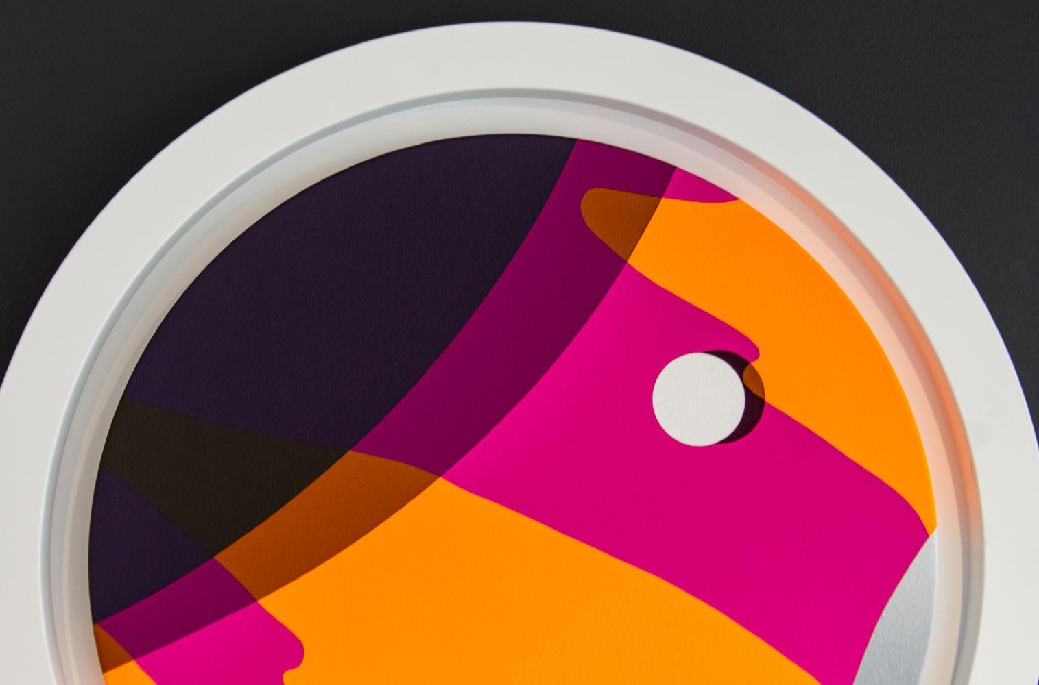 Schildpatt - grafisch, orange, rosa, schwarz, geometrisch, Tondo, Acryl auf Tafel (Schwarz), Abstract Painting, von Sylvain Louis-Seize