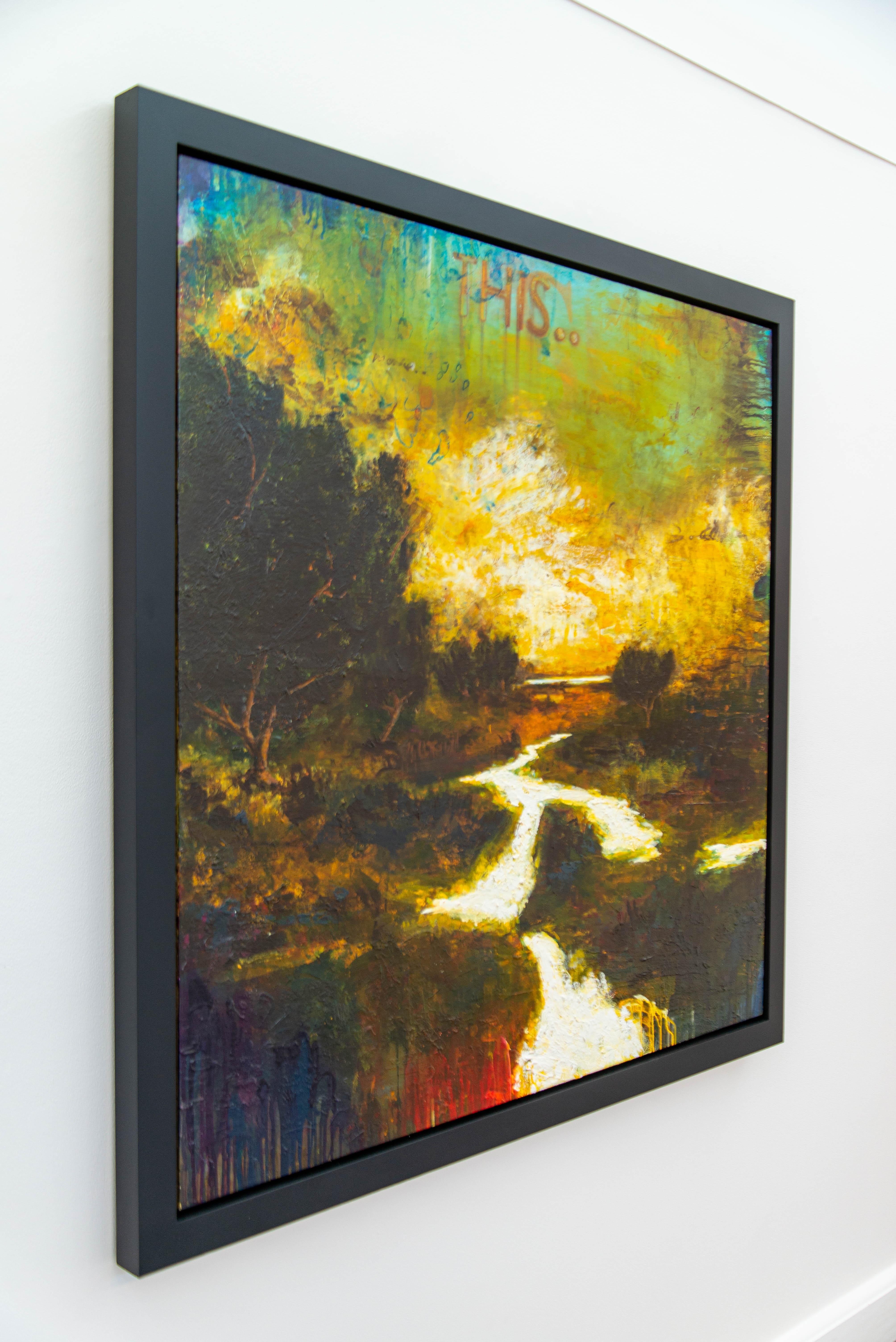 Une explosion de couleurs - jaune vif, turquoise et orange - attire l'œil du spectateur sur ce paysage dramatique de Sylvain Louis-Seize. L'artiste montréalais est connu pour ses formes abstraites et son utilisation audacieuse de la couleur. Ici, il