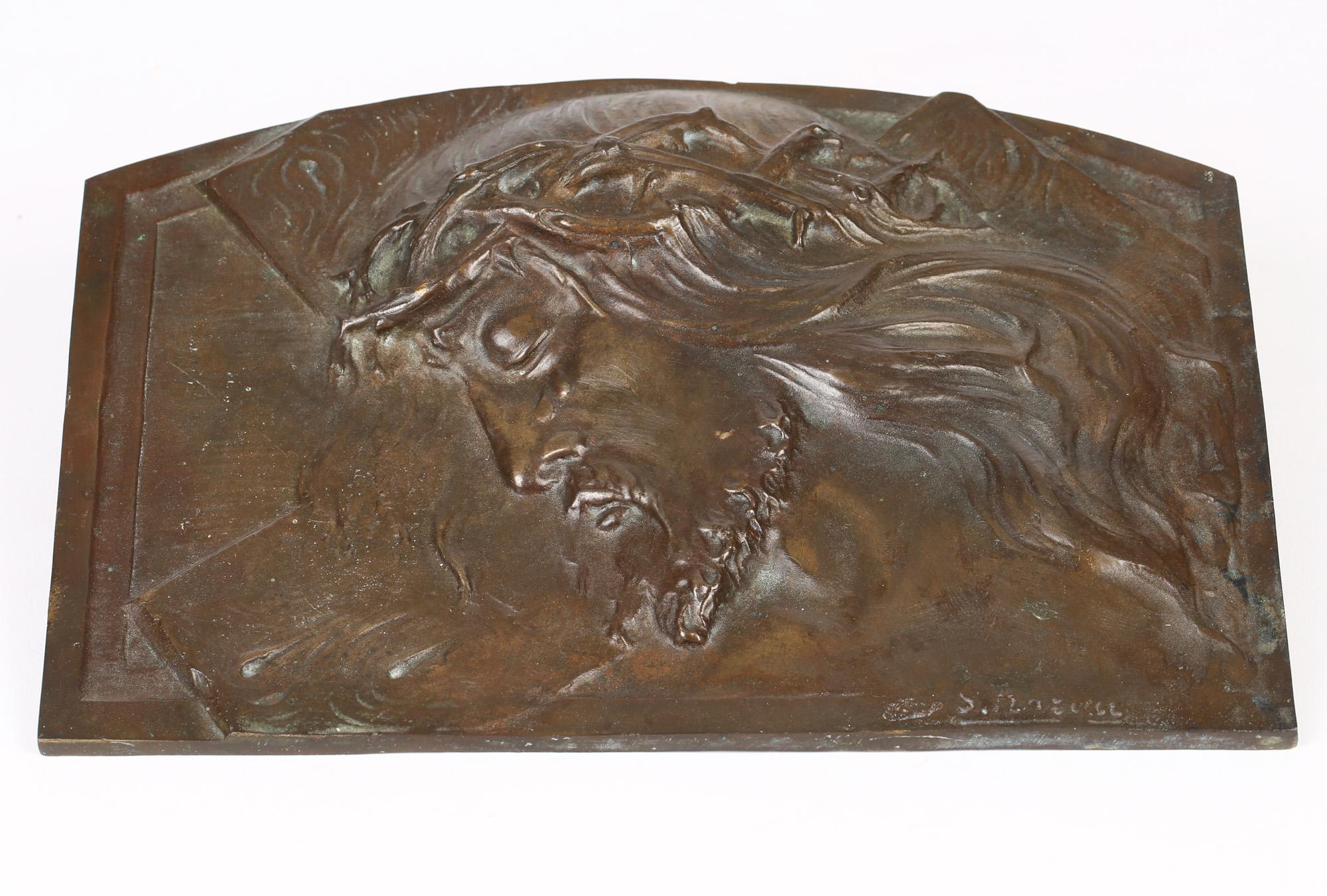 Early 20th Century Sylvain Norga Belgian Art Deco Christ Of Thorns Bronze Sculptural Wall Plaque