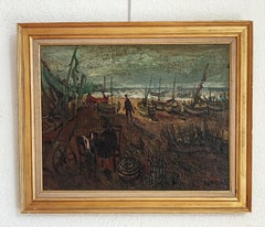Barcos y pescadores Pintura al óleo sobre lienzo, enmarcada, años 40, 50x65 cm