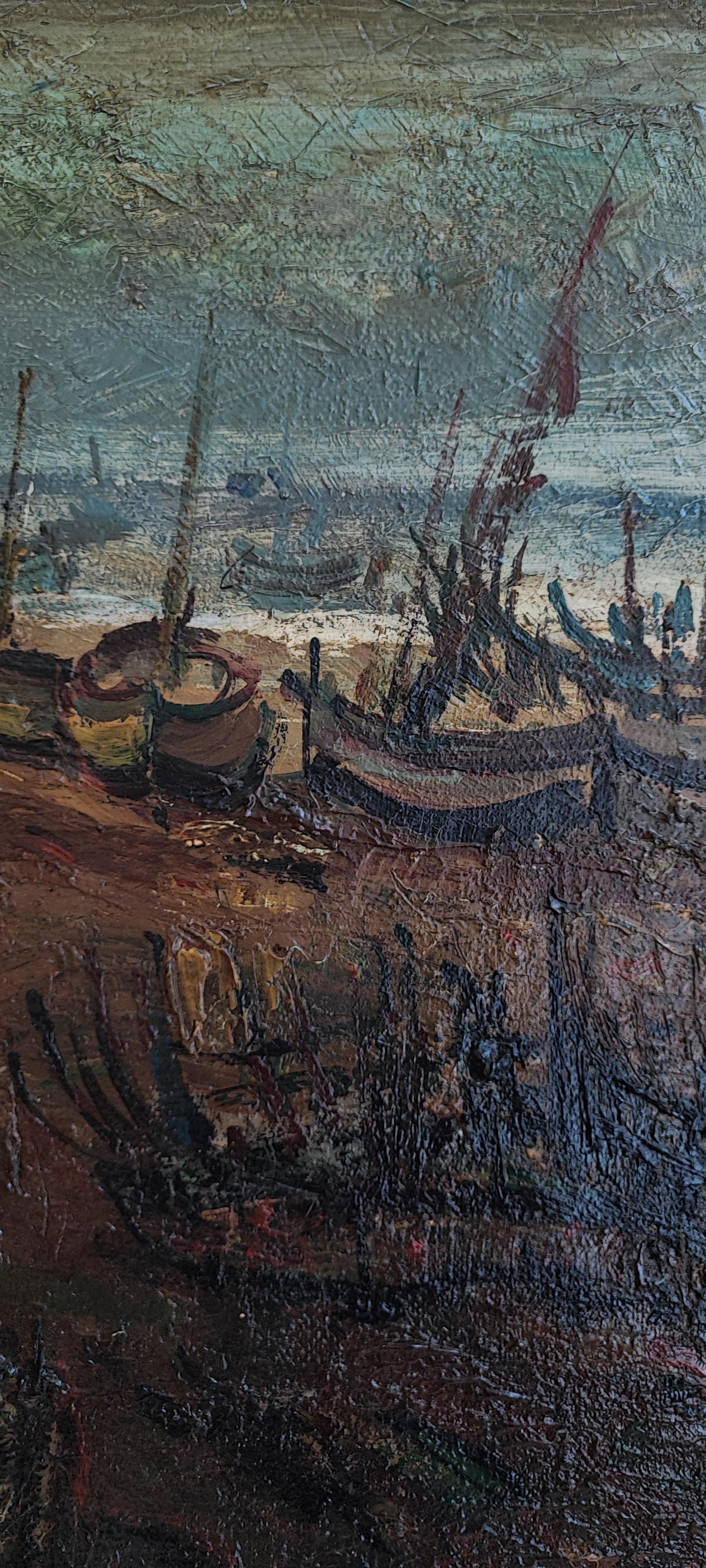 Boats and Fishermen - Black Landscape Painting by Sylvain Vigny