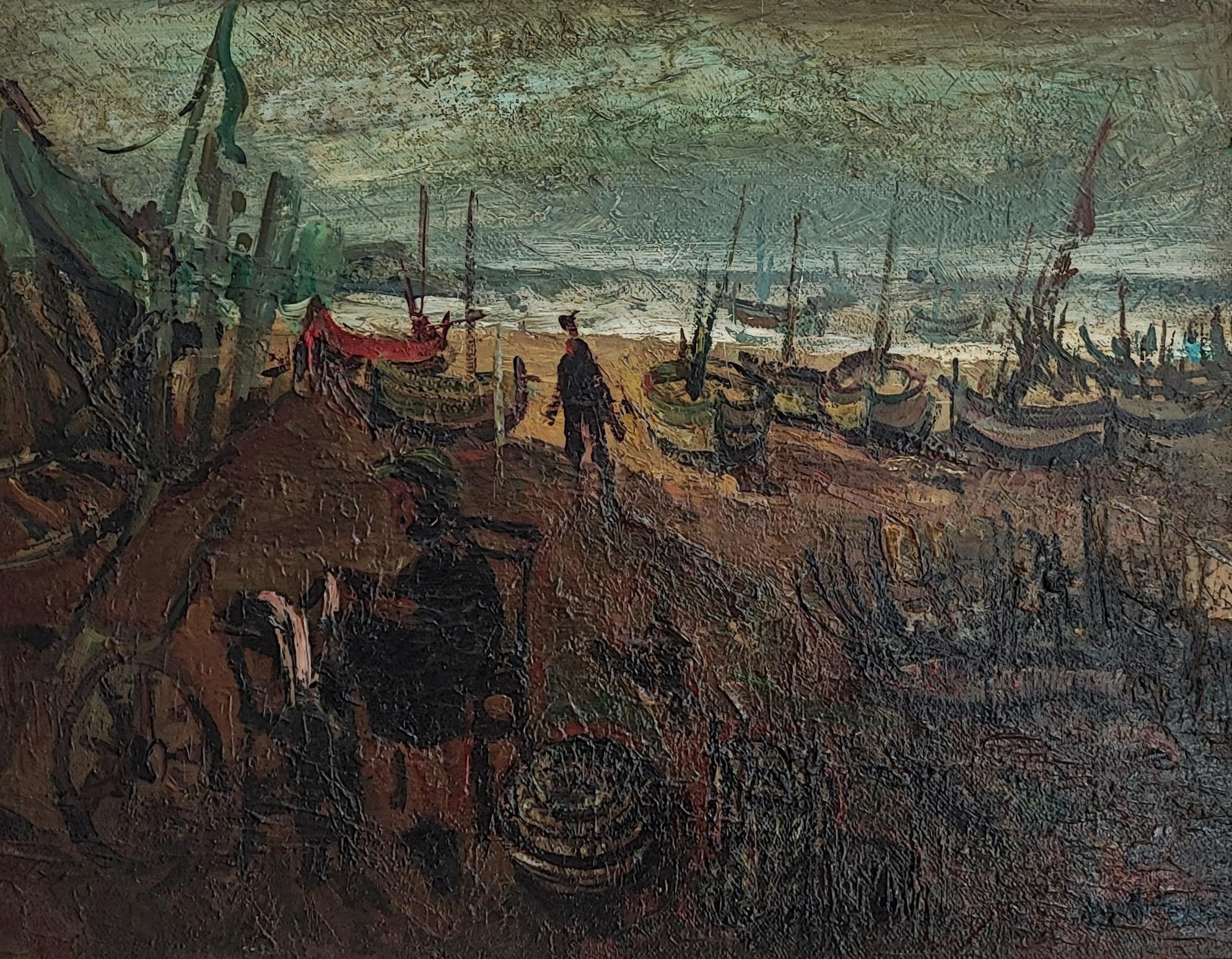 Sylvain Vigny Landscape Painting - Boats and Fishermen