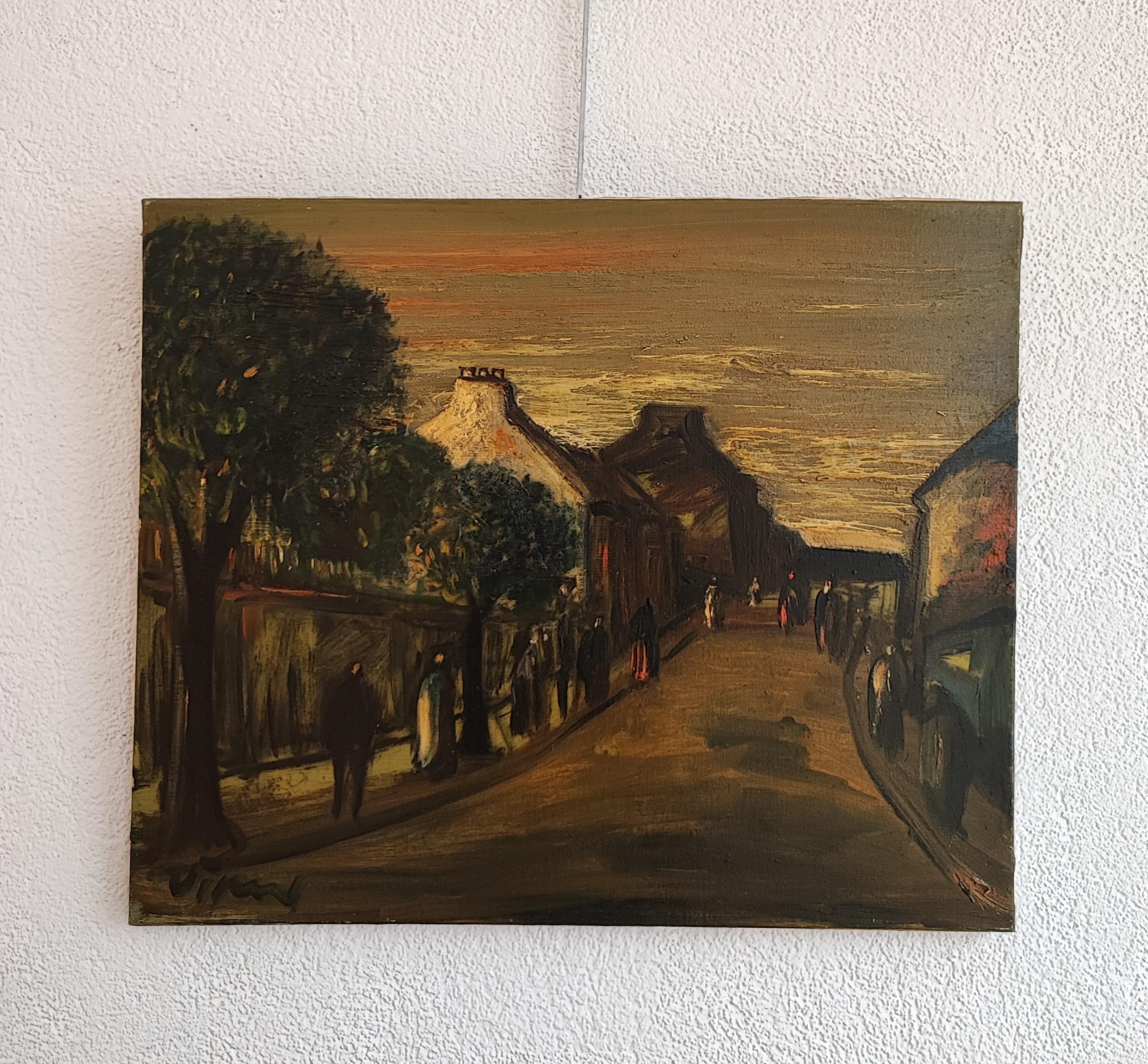 Rue animée au coucher du soleil - Painting de Sylvain Vigny