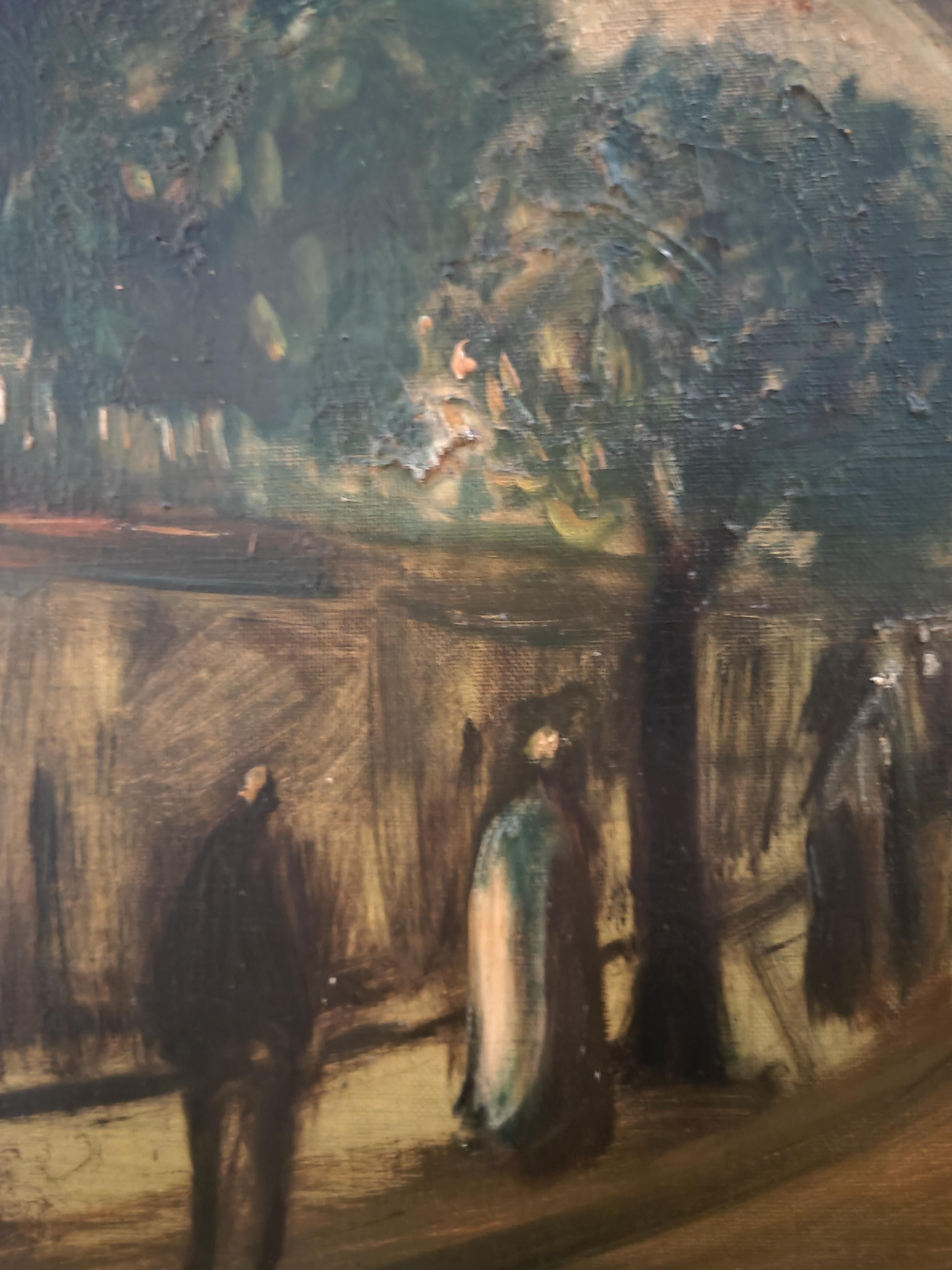 Rue animée au coucher du soleil - Marron Landscape Painting par Sylvain Vigny