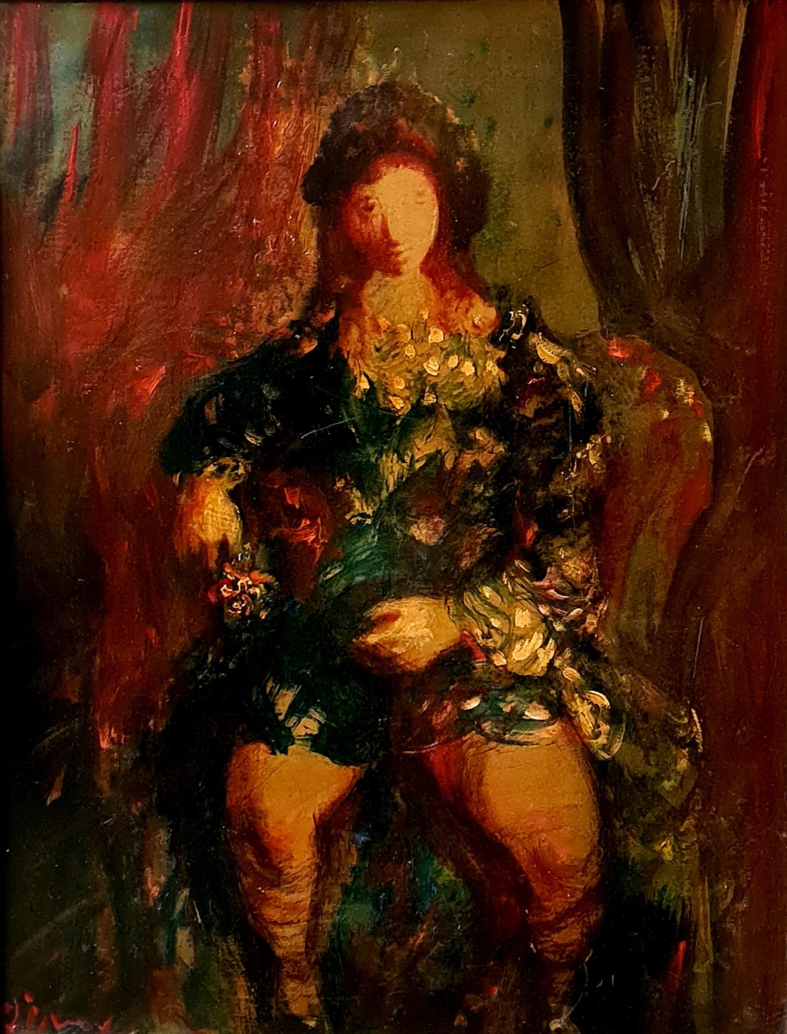 Grand portrait à l'huile expressionniste français, La beauté assise. - Painting de Sylvain Vigny