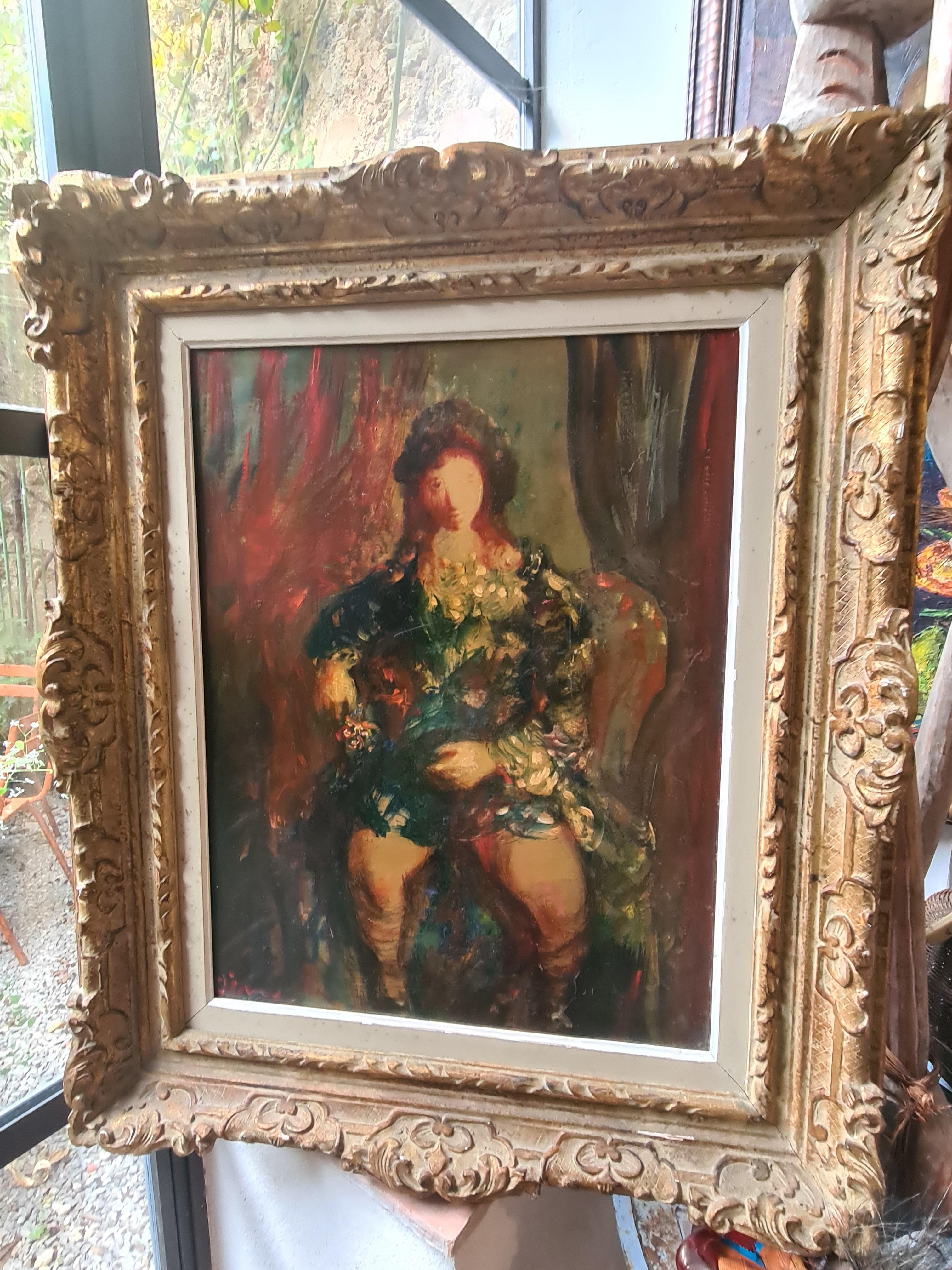 Grand portrait à l'huile expressionniste français, La beauté assise. - Marron Interior Painting par Sylvain Vigny
