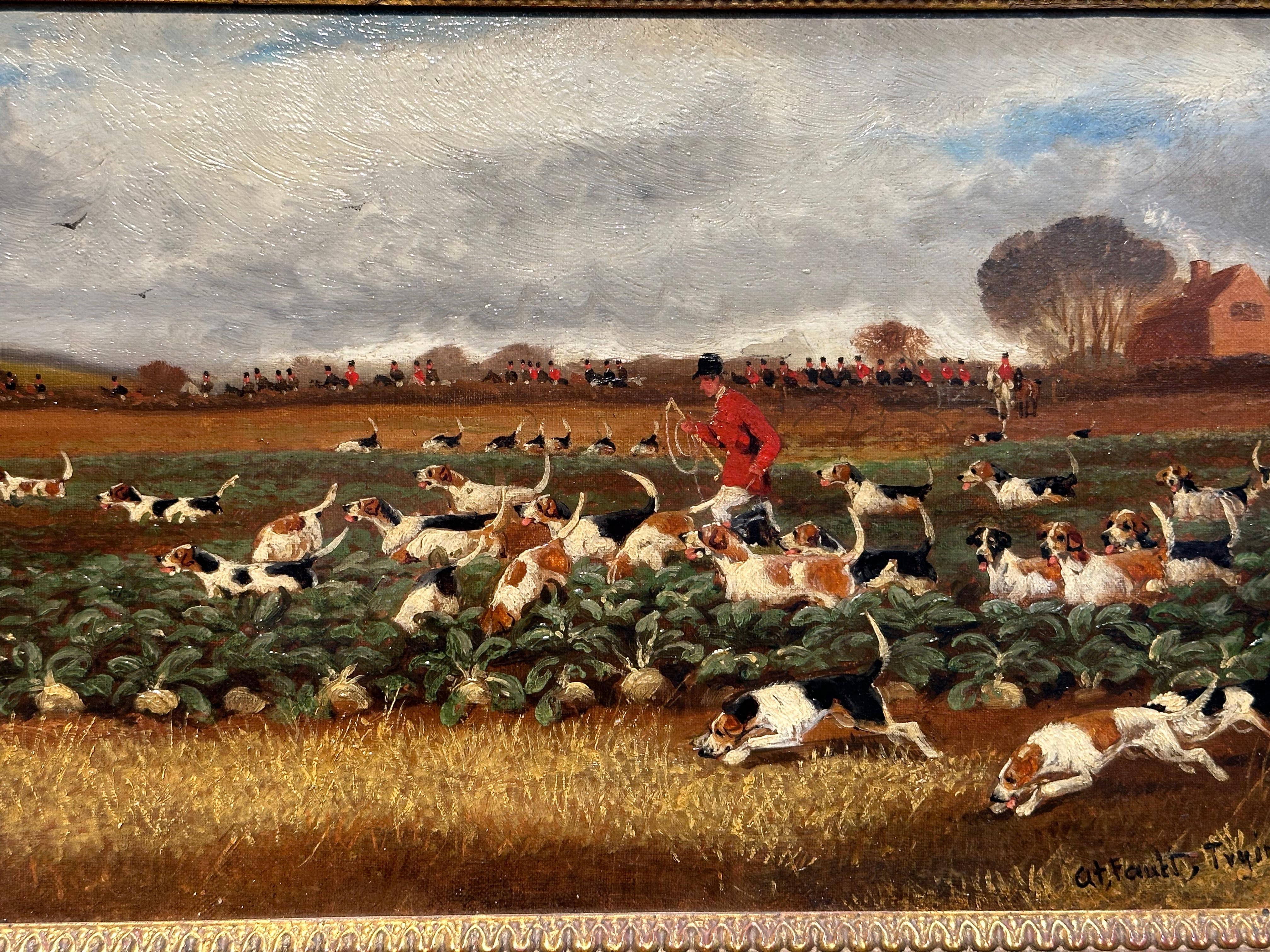 19th century English Fox hunters with hounds in a turnip patch landscape. - Painting by Sylvester Martin