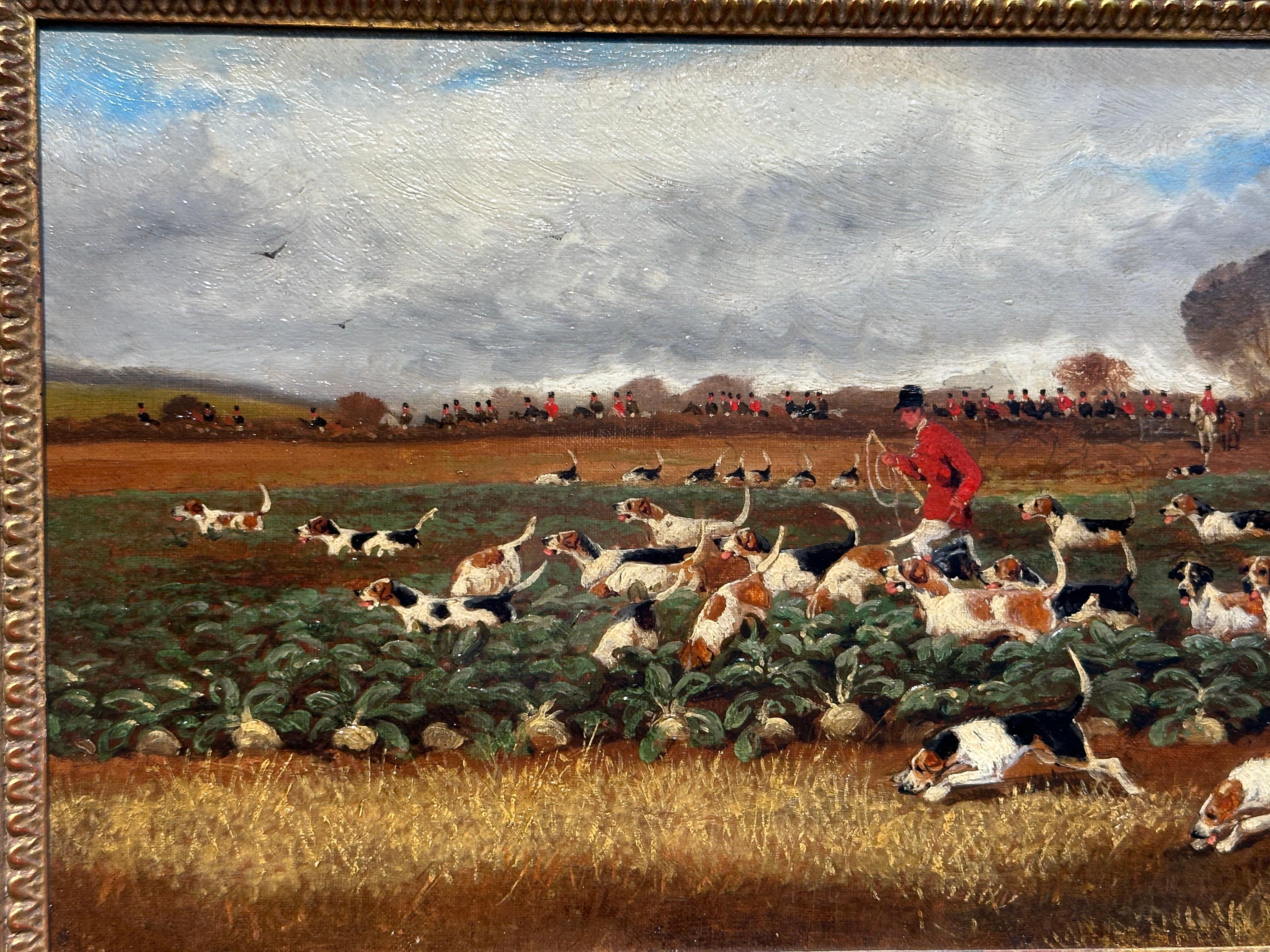 19th century English Fox hunters with hounds in a turnip patch landscape. - Victorian Painting by Sylvester Martin