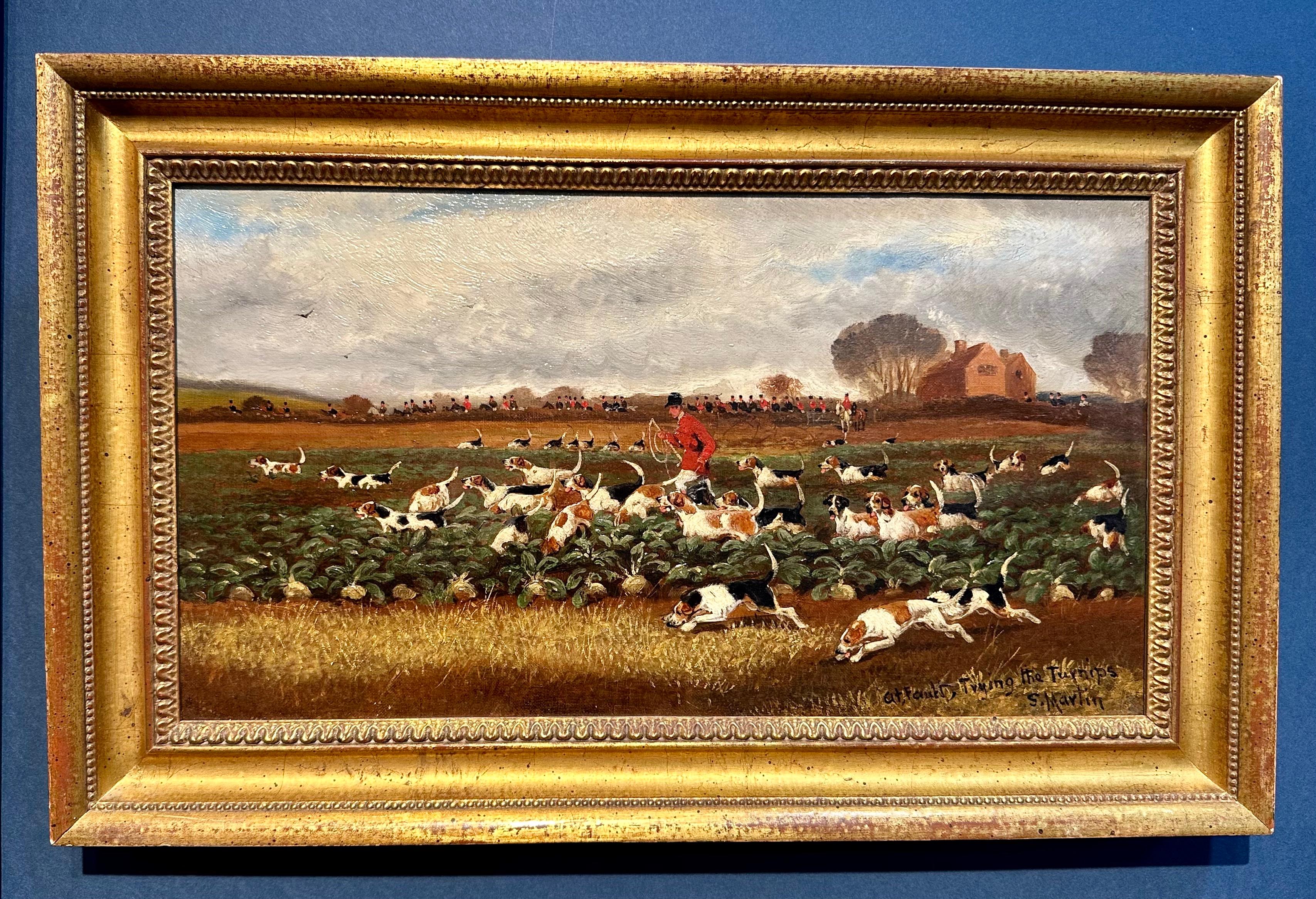 Sylvester Martin Figurative Painting - 19th century English Fox hunters with hounds in a turnip patch landscape.