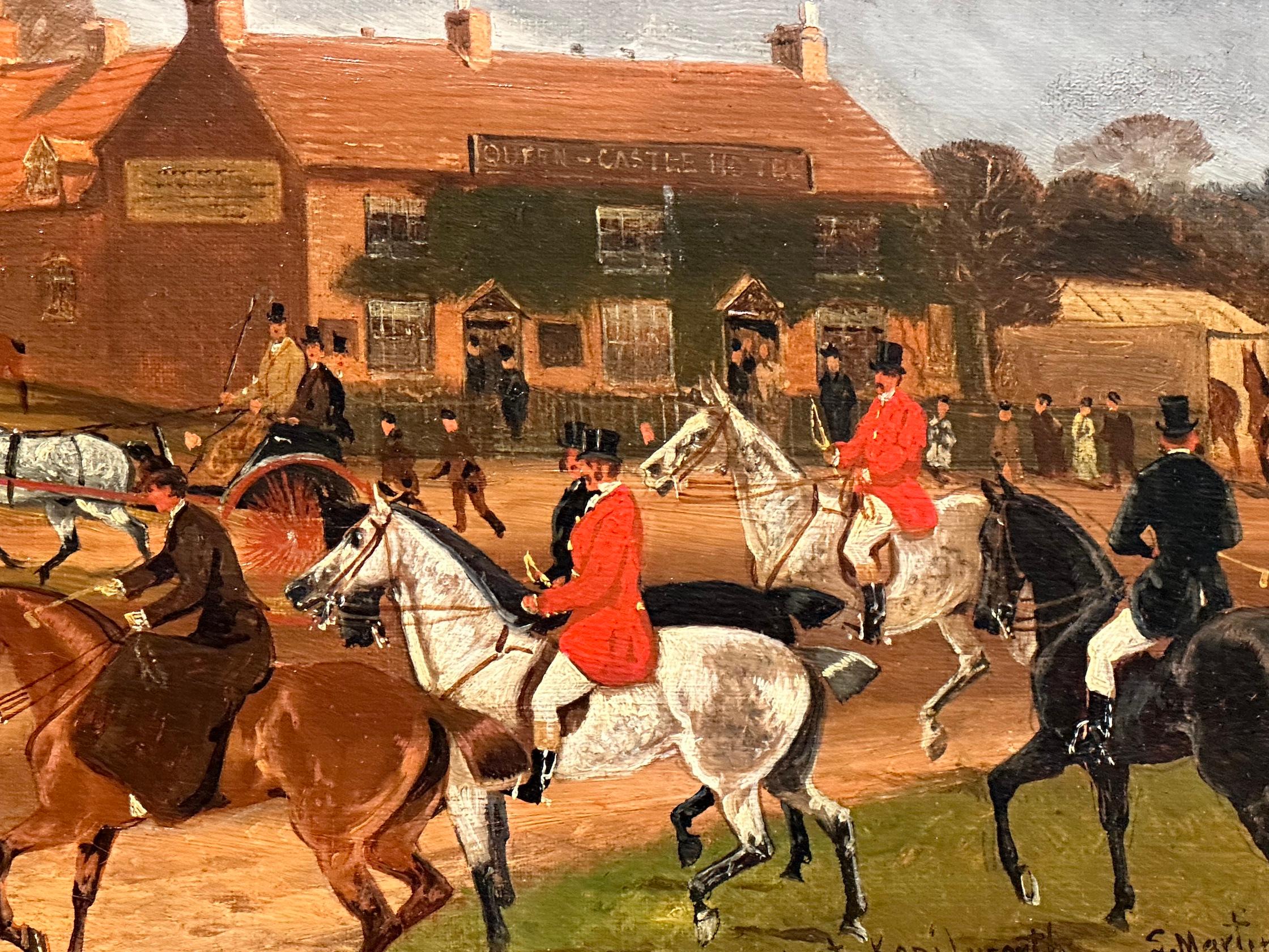 19th century English Fox hunters with hounds on horseback in Kenilworth - Painting by Sylvester Martin