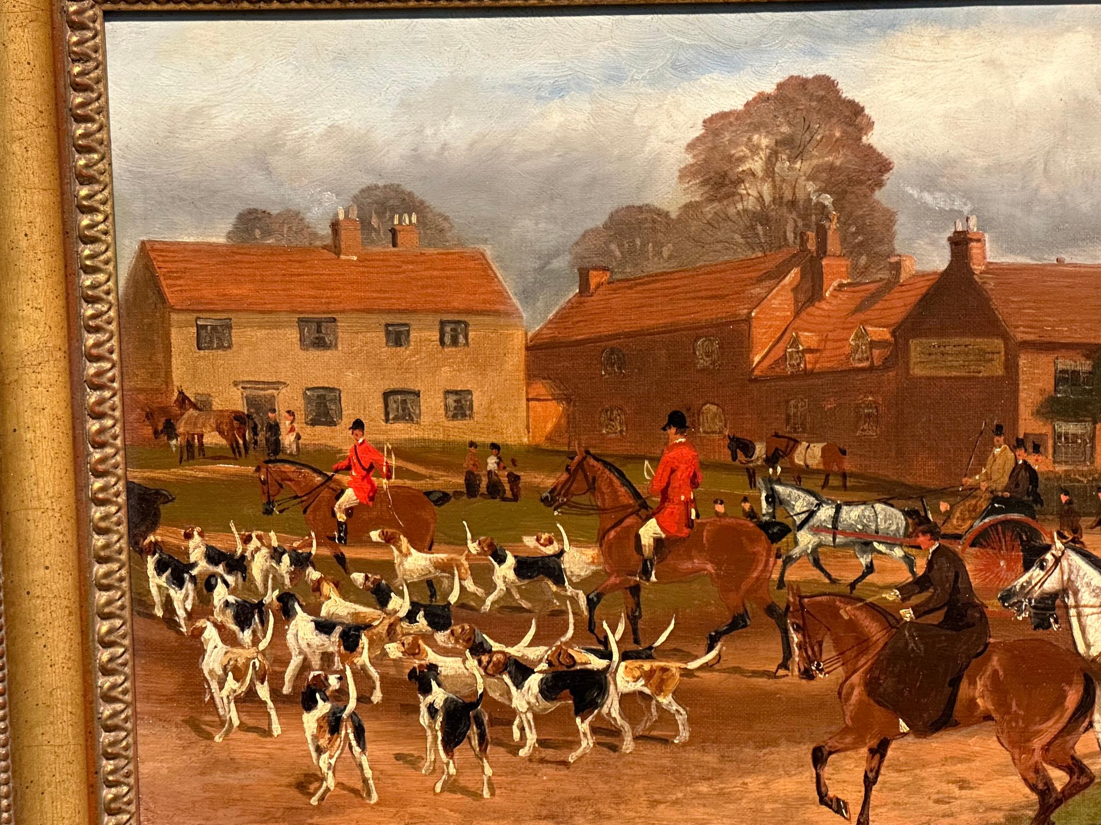 19th century English Fox hunters with hounds on horseback in Kenilworth - Victorian Painting by Sylvester Martin