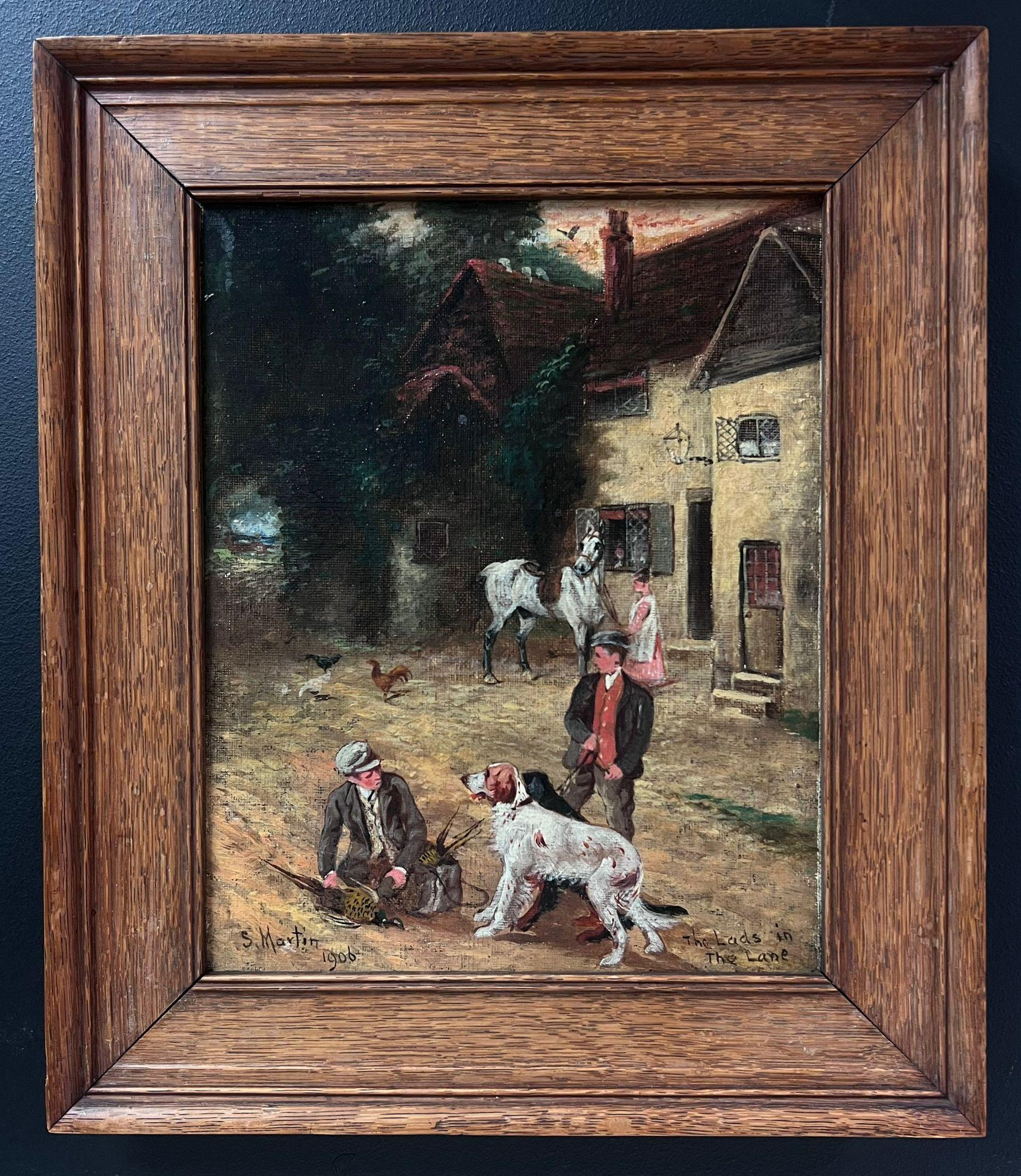 Fine Antique English Oil Painting Village Lane with Tavern Dogs & Young Lads (peinture à l'huile anglaise ancienne avec chiens de taverne et jeunes gens) - Noir Landscape Painting par Sylvester Martin