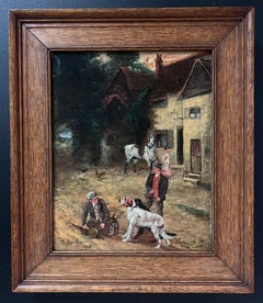 Fine Antique English Oil Painting Village Lane with Tavern Dogs & Young Lads