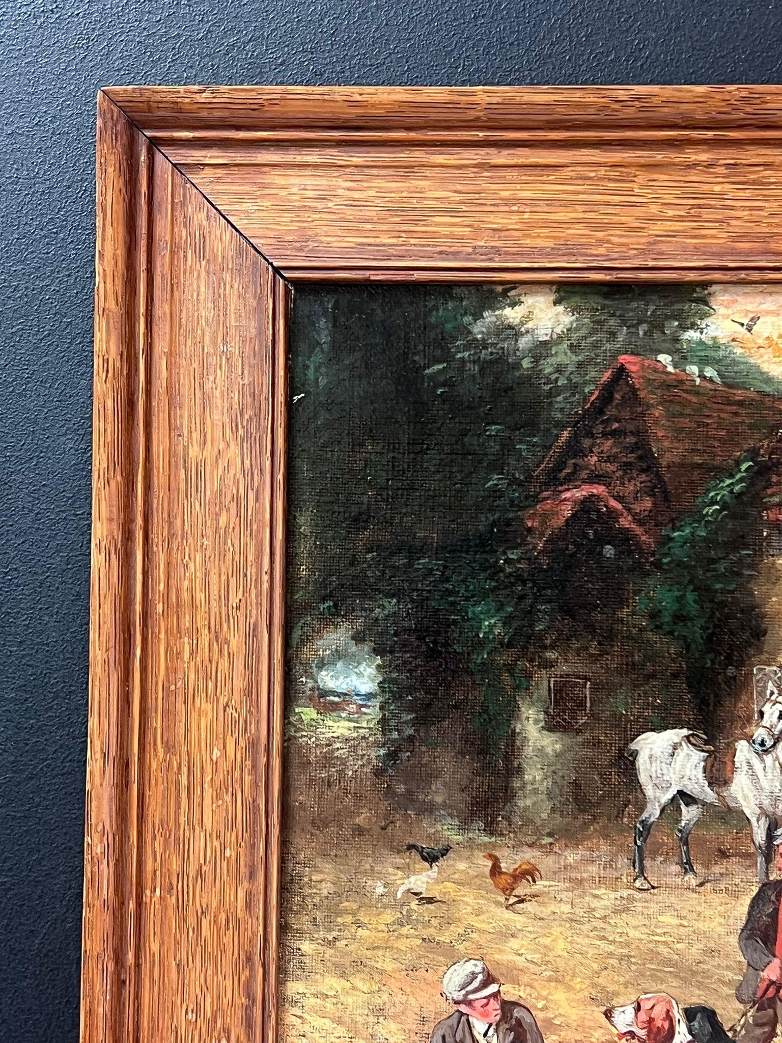 Fine Antique English Oil Painting Village Lane with Tavern Dogs & Young Lads (peinture à l'huile anglaise ancienne avec chiens de taverne et jeunes gens) en vente 1