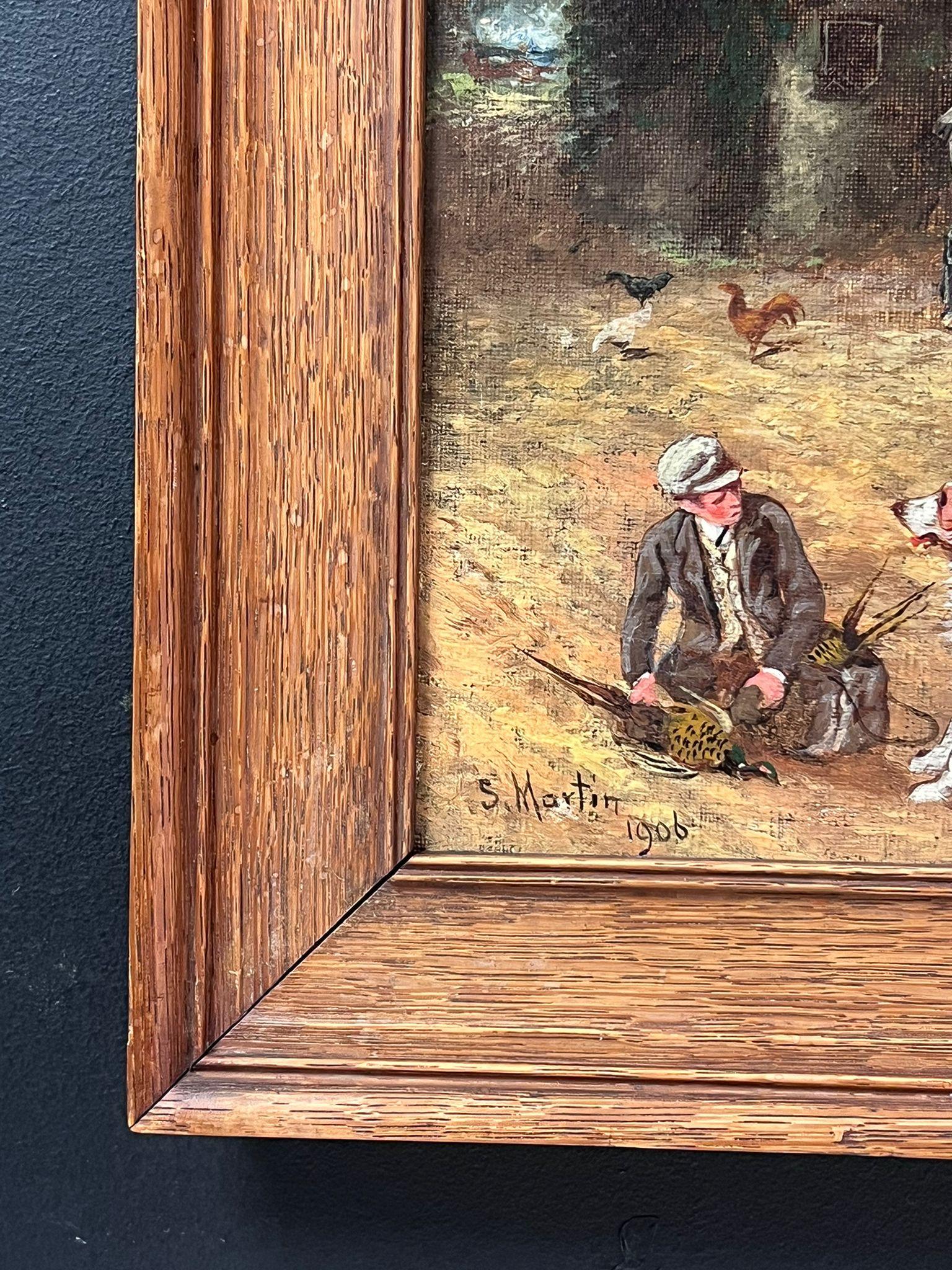 Fine Antique English Oil Painting Village Lane with Tavern Dogs & Young Lads (peinture à l'huile anglaise ancienne avec chiens de taverne et jeunes gens) en vente 2