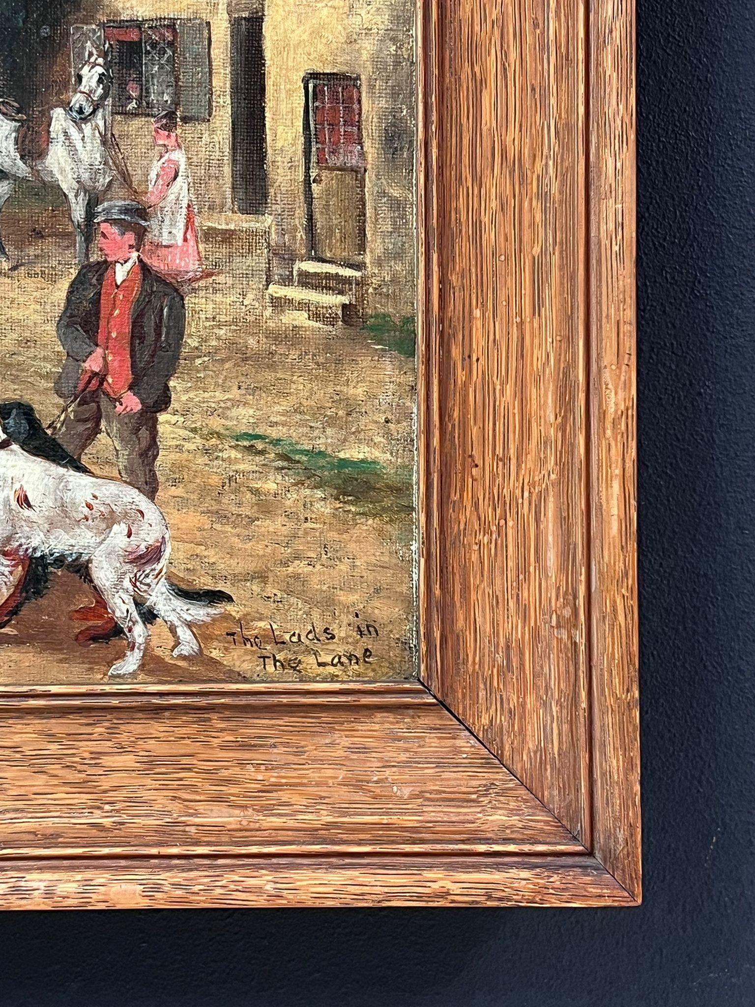 Fine Antique English Oil Painting Village Lane with Tavern Dogs & Young Lads (peinture à l'huile anglaise ancienne avec chiens de taverne et jeunes gens) en vente 3