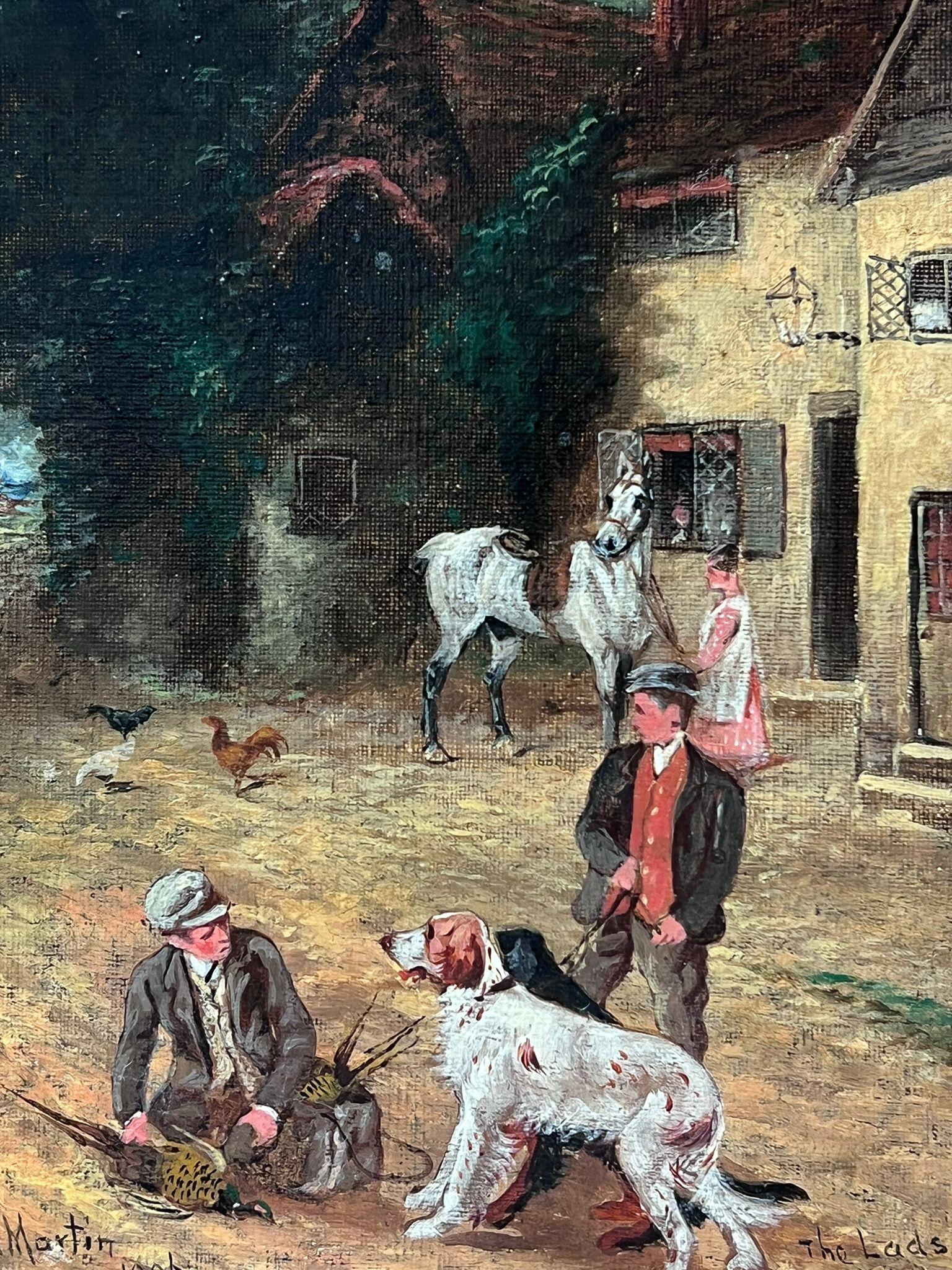 Fine Antique English Oil Painting Village Lane with Tavern Dogs & Young Lads (peinture à l'huile anglaise ancienne avec chiens de taverne et jeunes gens) en vente 4