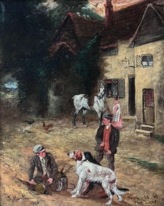 Cuadro al óleo antiguo inglés Village Lane with Tavern Dogs & Young Lads