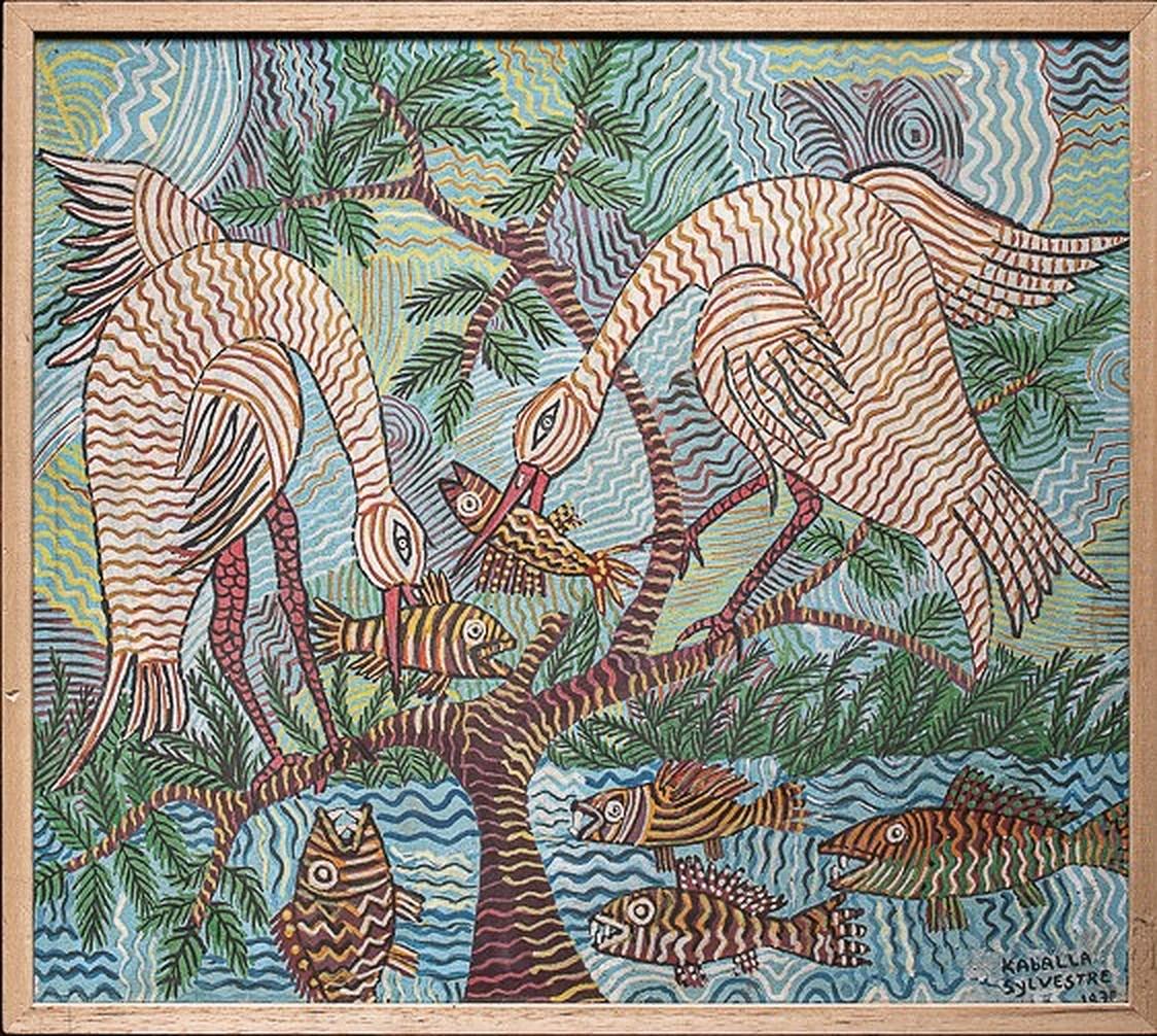 Sylvestre Kaballa Figurative Painting - Kaballa Sylvestre (c.1920) "oiseaux et poisson".Acrylique on canvas, signed