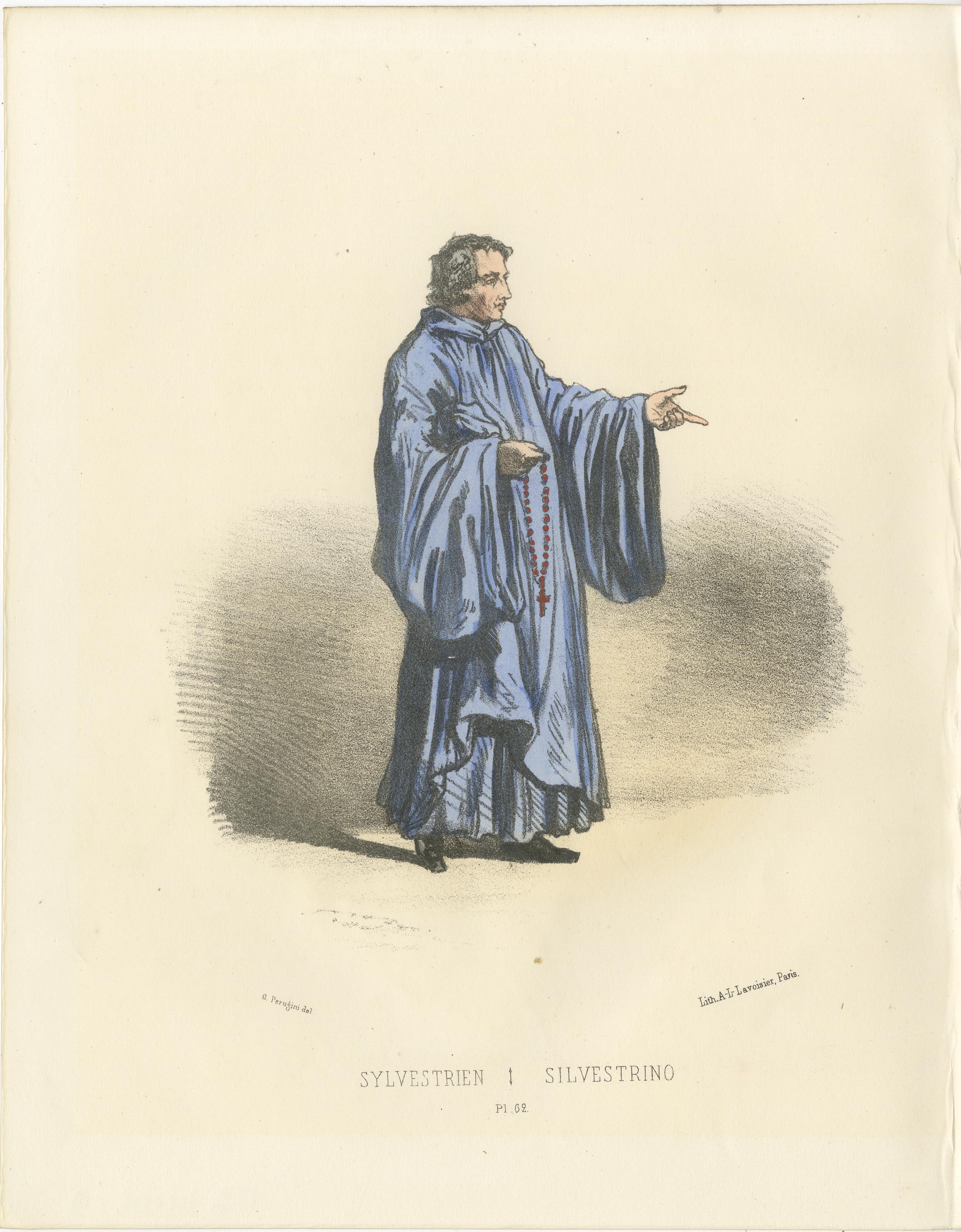 Sylvestrien - 1862 Handkolorierte Lithographie einer Sylvestrine-Monk aus Sylvestrine  

Diese handkolorierte Lithografie aus dem Jahr 1862 zeigt einen Sylvestrien- oder Sylvestriner-Mönch, ein Mitglied der Kongregation des Heiligen Sylvester. Der