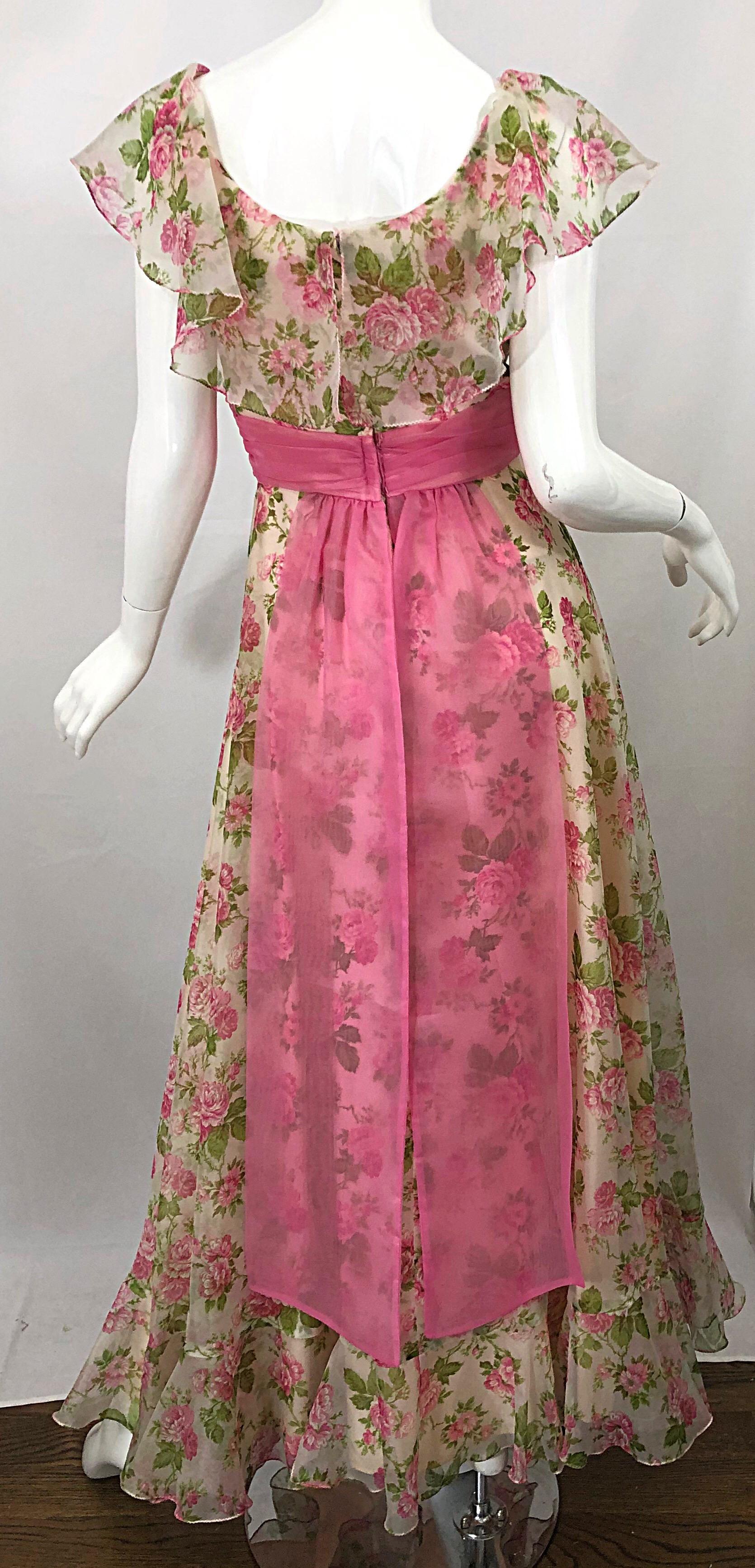 Sylvia Ann 1970s Rose Print Pink Ivory Chiffon Vintage 70s Maxi Dress Gown For Sale 2
