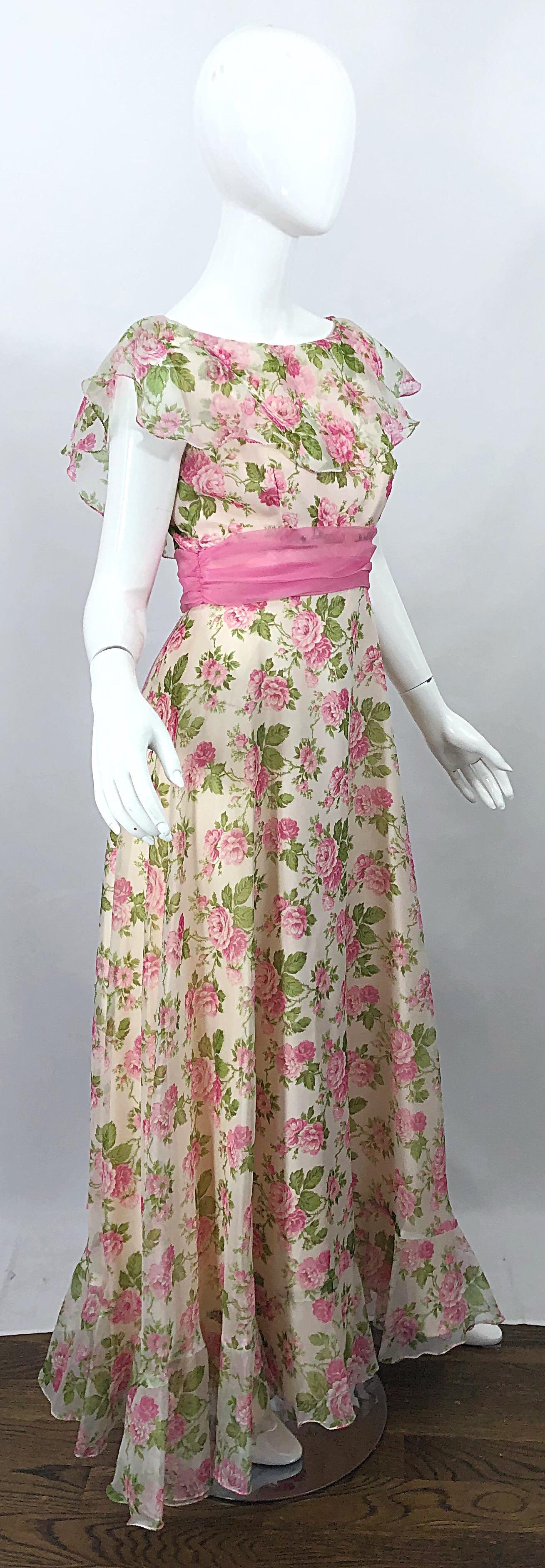 Sylvia Ann 1970s Rose Print Pink Ivory Chiffon Vintage 70s Maxi Dress Gown For Sale 3