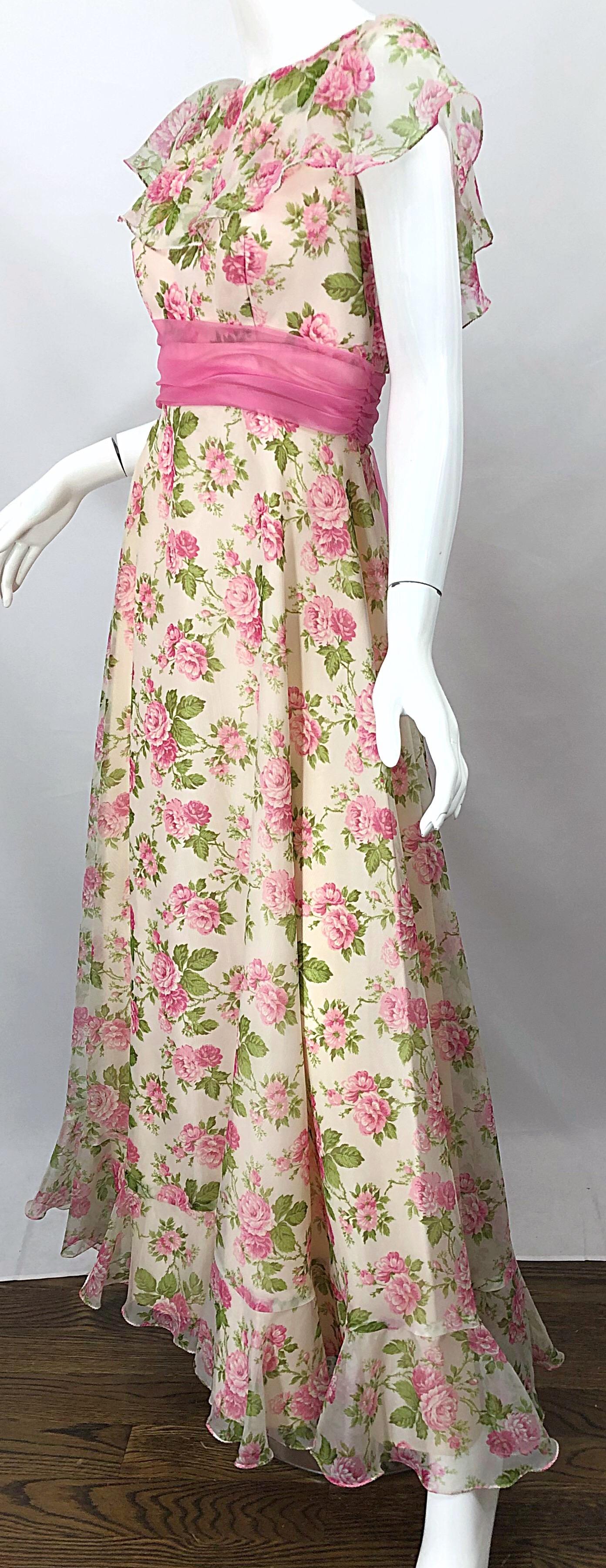 Sylvia Ann 1970s Rose Print Pink Ivory Chiffon Vintage 70s Maxi Dress Gown For Sale 4