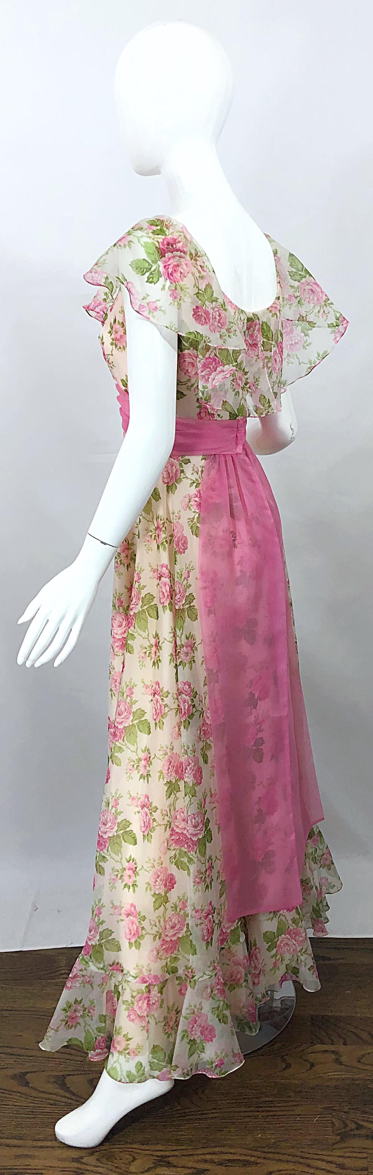 Sylvia Ann 1970s Rose Print Pink Ivory Chiffon Vintage 70s Maxi Dress Gown For Sale 5