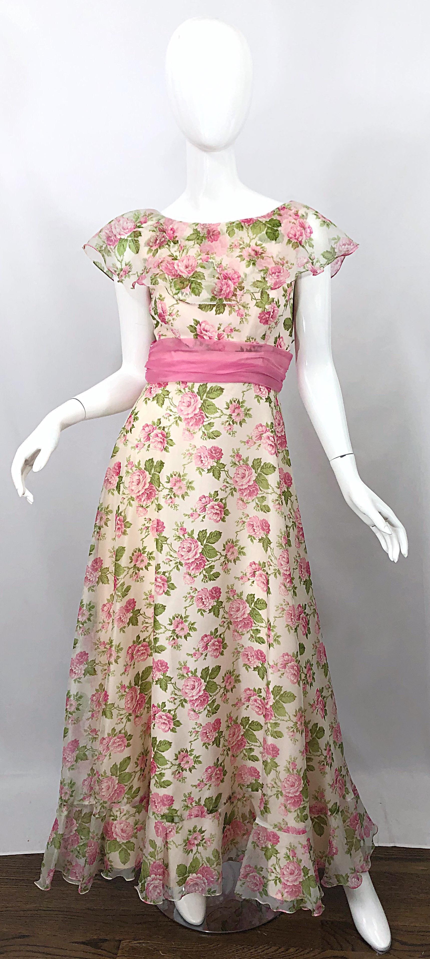 Sylvia Ann 1970s Rose Print Pink Ivory Chiffon Vintage 70s Maxi Dress Gown For Sale 6