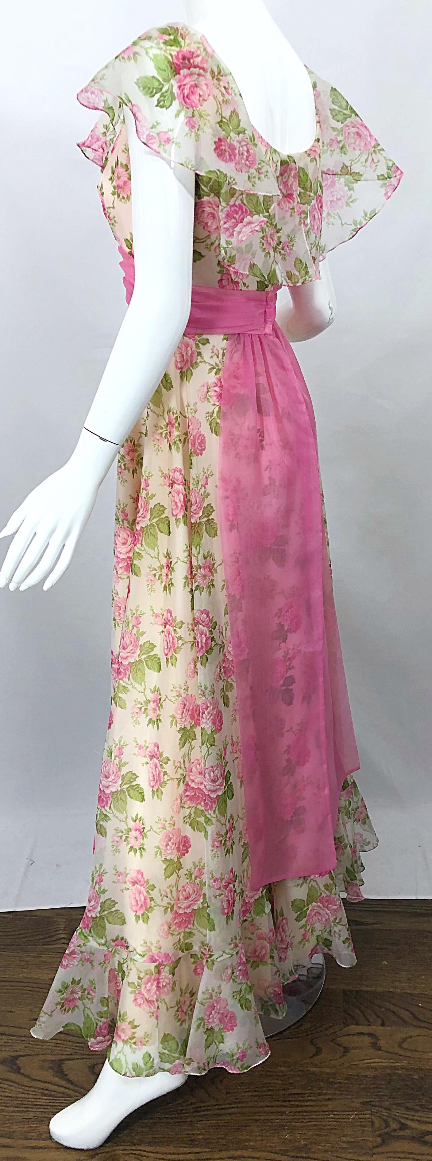 White Sylvia Ann 1970s Rose Print Pink Ivory Chiffon Vintage 70s Maxi Dress Gown For Sale
