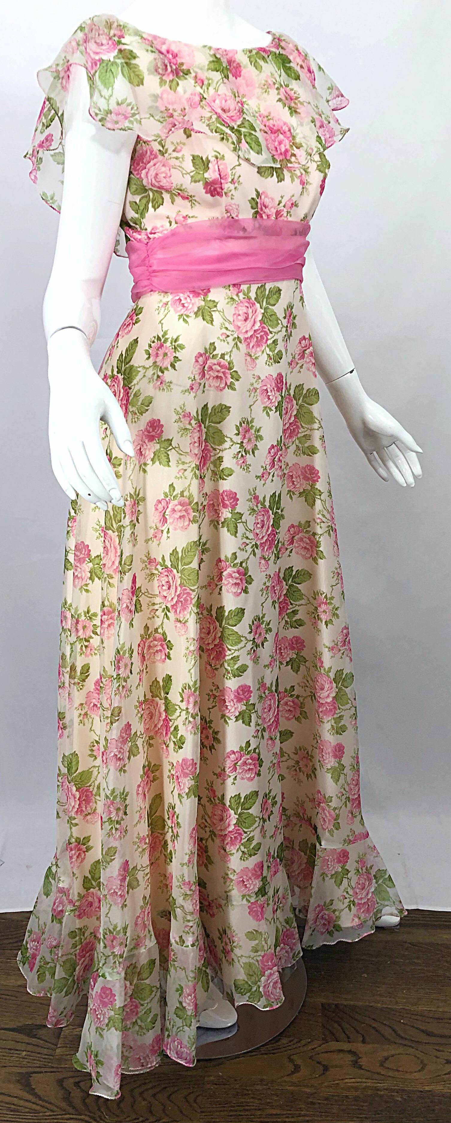 Sylvia Ann 1970s Rose Print Pink Ivory Chiffon Vintage 70s Maxi Dress Gown In Excellent Condition For Sale In San Diego, CA