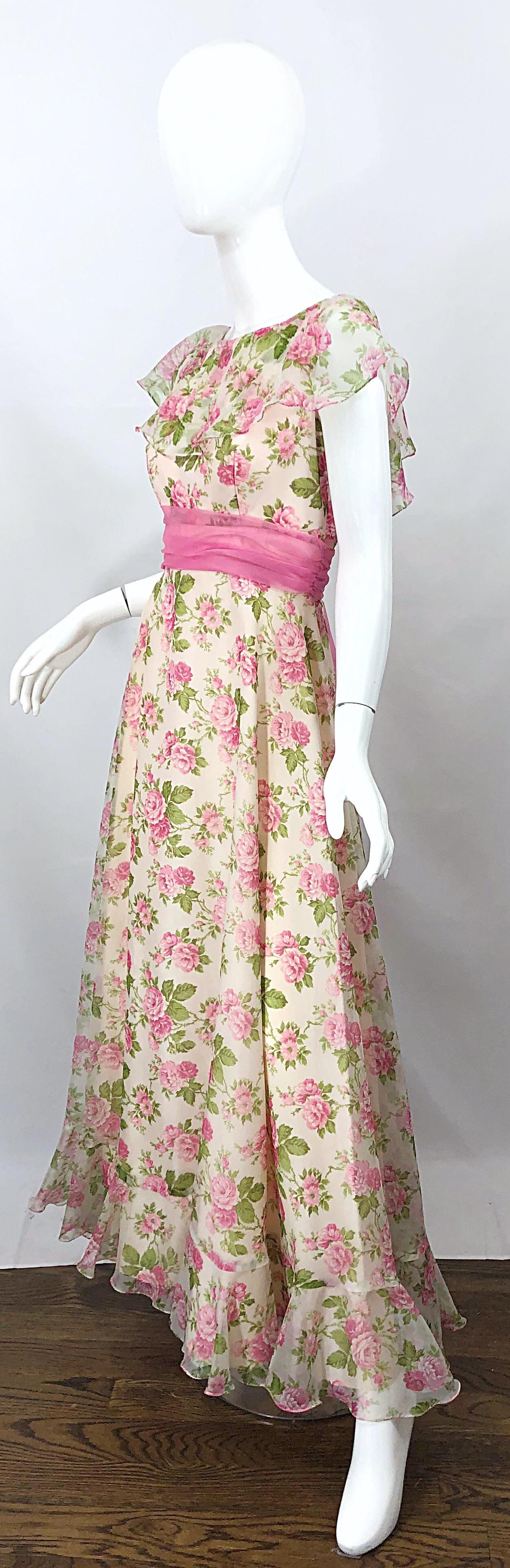 Women's Sylvia Ann 1970s Rose Print Pink Ivory Chiffon Vintage 70s Maxi Dress Gown For Sale