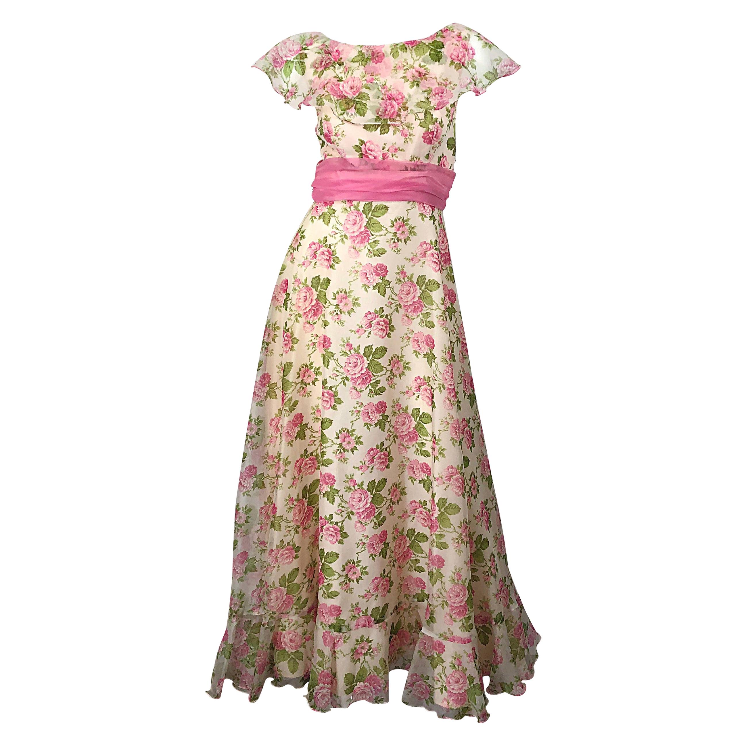 Sylvia Ann 1970s Rose Print Pink Ivory Chiffon Vintage 70s Maxi Dress Gown For Sale