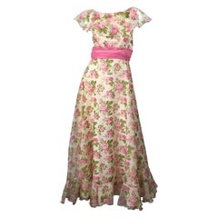 Sylvia Ann 1970s Rose Print Pink Ivory Chiffon Vintage 70s Maxi Dress Gown