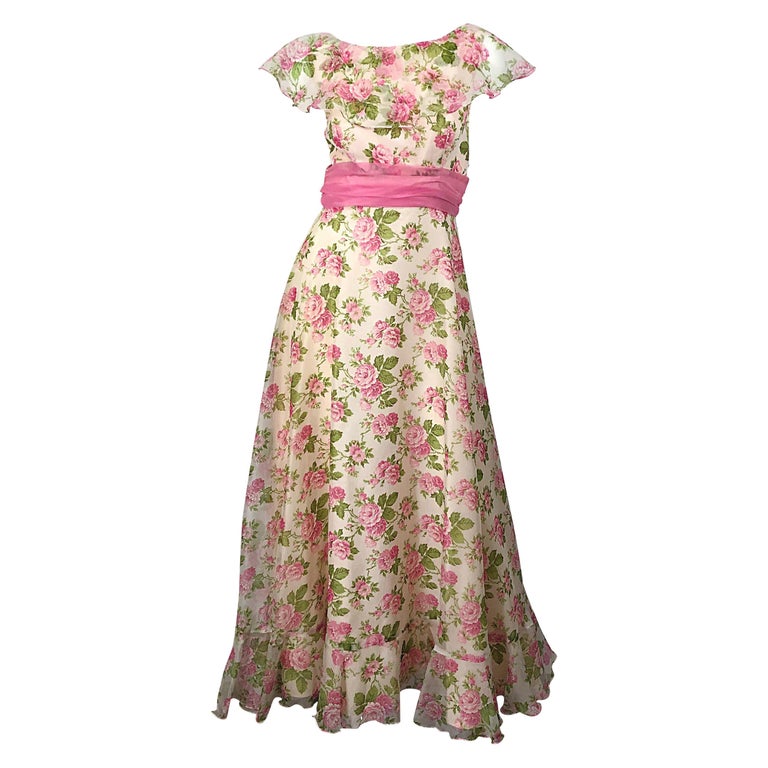 sachin and babi light blue dress Sylvia Ann 1970s Rose Print Pink Ivory Chiffon Vintage 70s Maxi Dress Gown