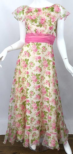 Sylvia Ann 1970s Rose Print Pink Ivory Chiffon Vintage 70s Maxi Dress Gown