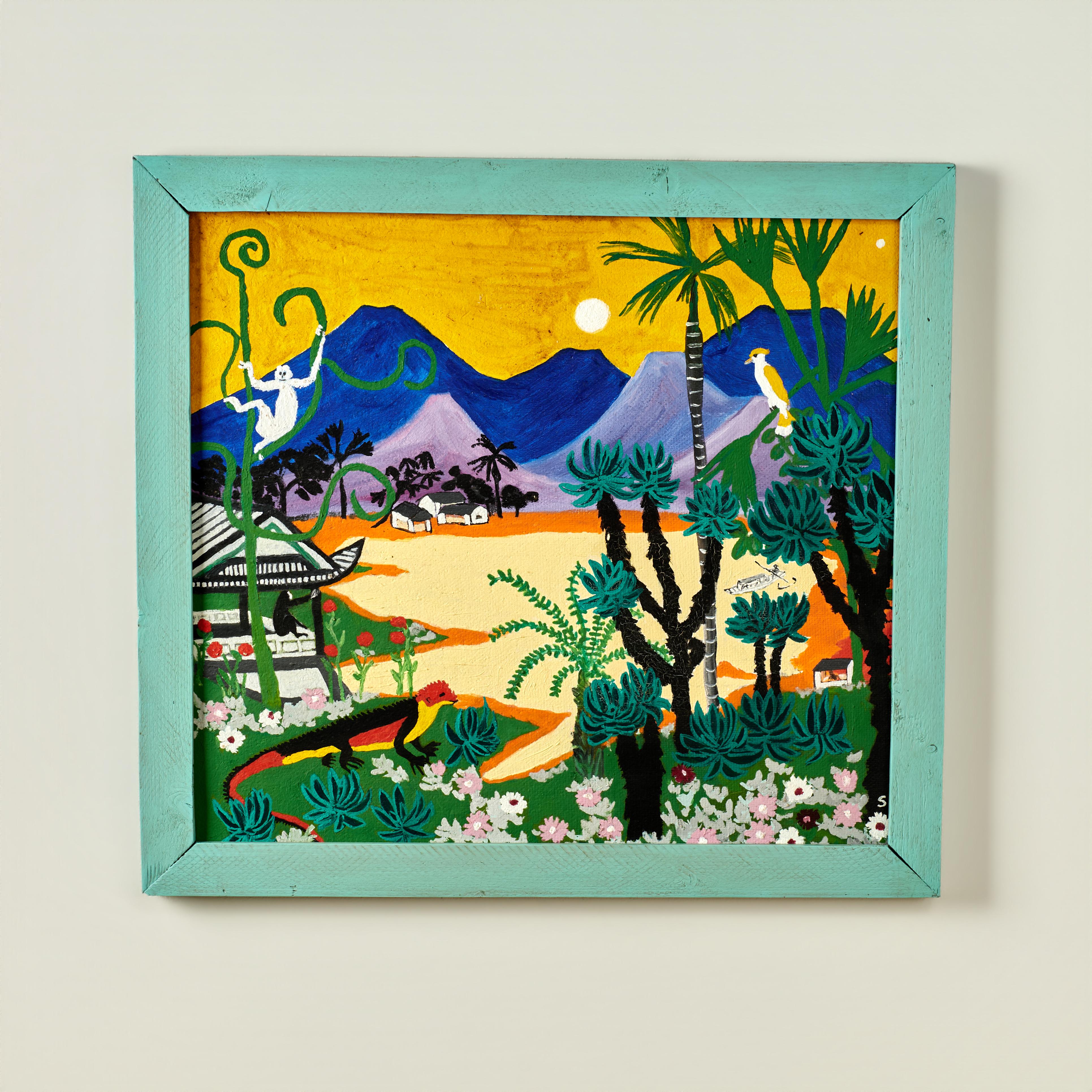 Vintage Tropical Naive Malerei mit Palmen und Affen von Sylvia Bucchi