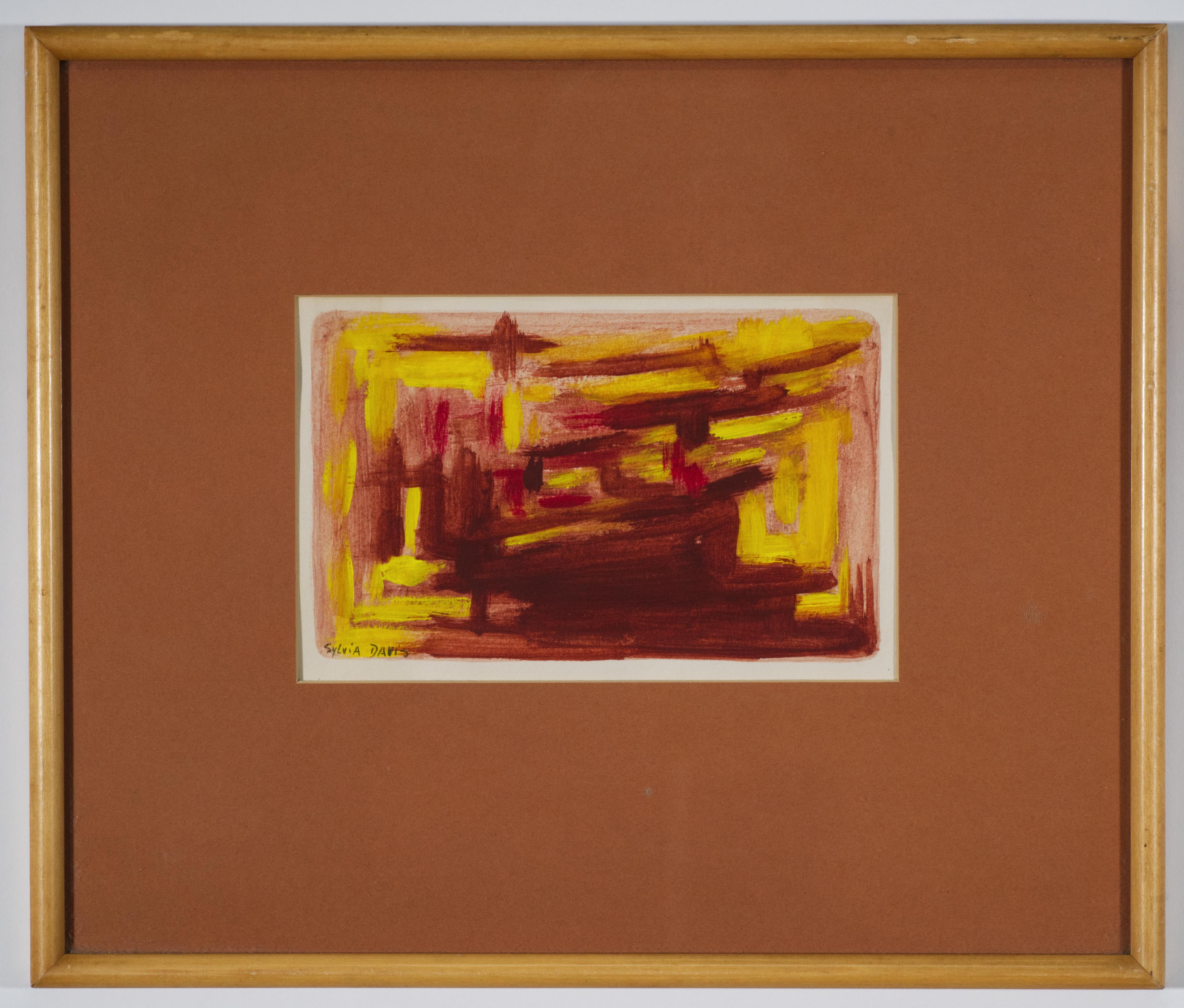  Das Originalwerk der in Rochester NY ansässigen Künstlerin Sylvia Davis zeigt eine abstrakte Komposition in gelber, roter und warmer brauner Farbpalette. Für die Ausstellung in der Galerie wurde es professionell gerahmt. Das ockergelbe Passepartout