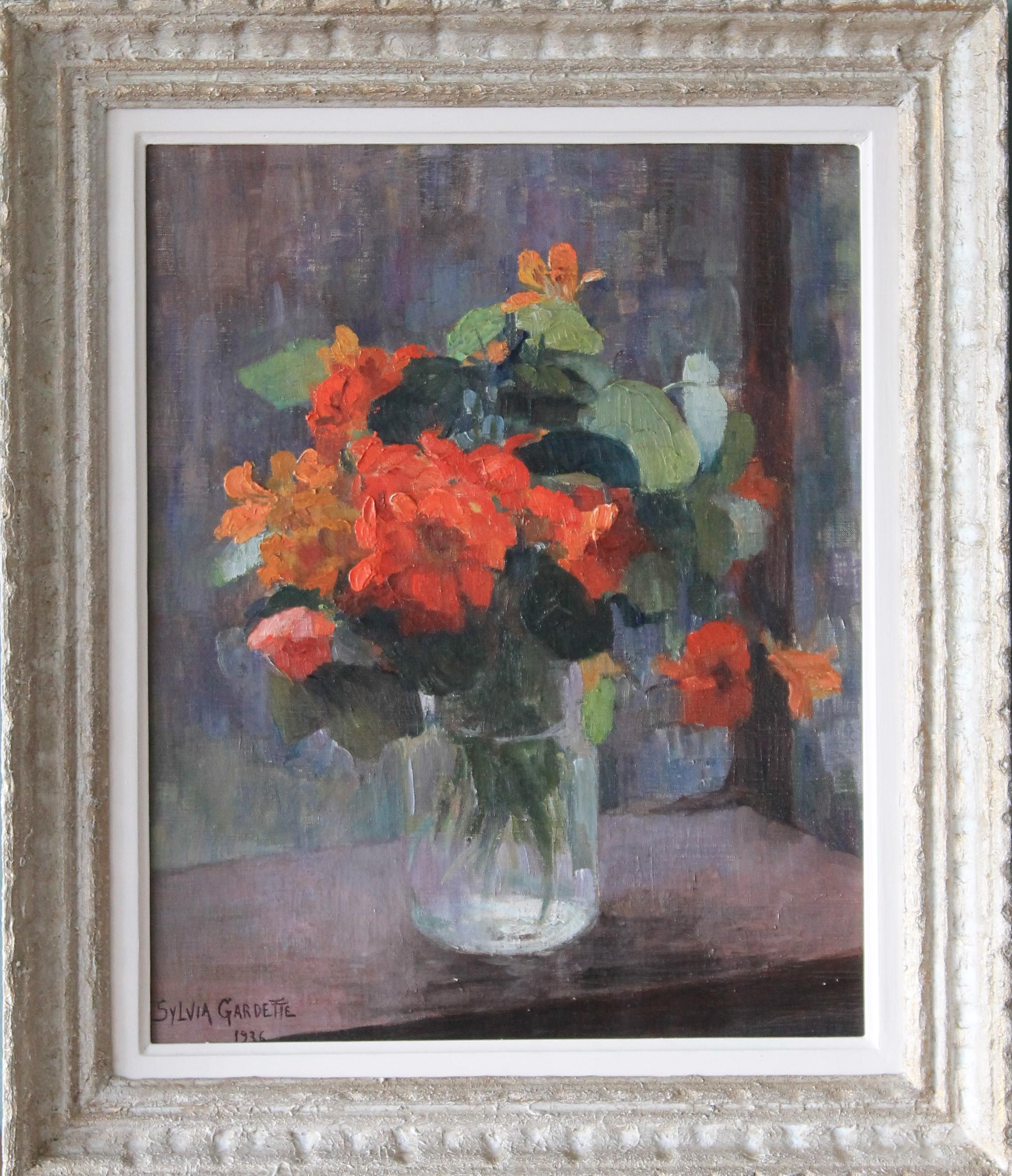sylvia gardette Still-Life Painting - Floral oil painting, floral still life, flower still life, vintage floral vase