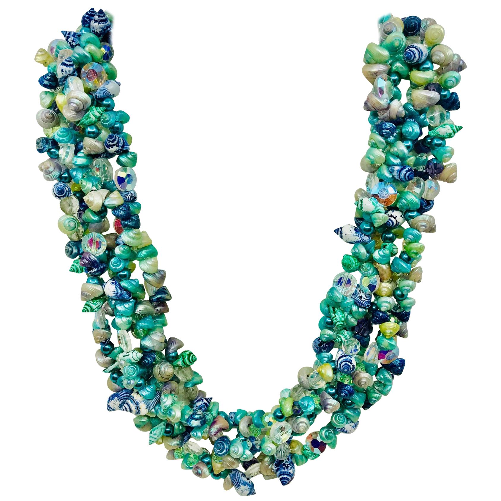 Sylvia Gottwald , 5 strand Necklace of rare, tiny Shells and Crystal beads For Sale