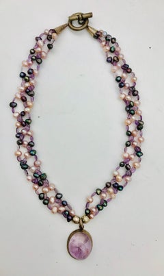 SYLVIA GOTTWALD, Amethyst Pendant and 3 strands Pearl / Amethyst beads  Necklace