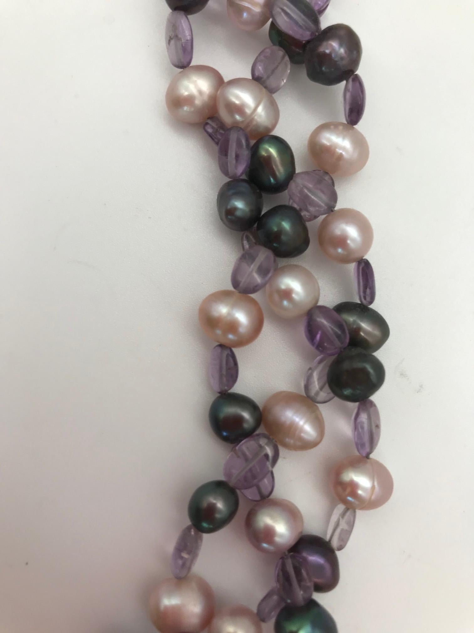 Contemporary SYLVIA GOTTWALD, Amethyst Pendant and 3 strands Pearl / Amethyst beads  Necklace For Sale