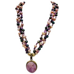 SYLVIA GOTTWALD, Amethyst Pendant and 3 strands Pearl / Amethyst beads  Necklace