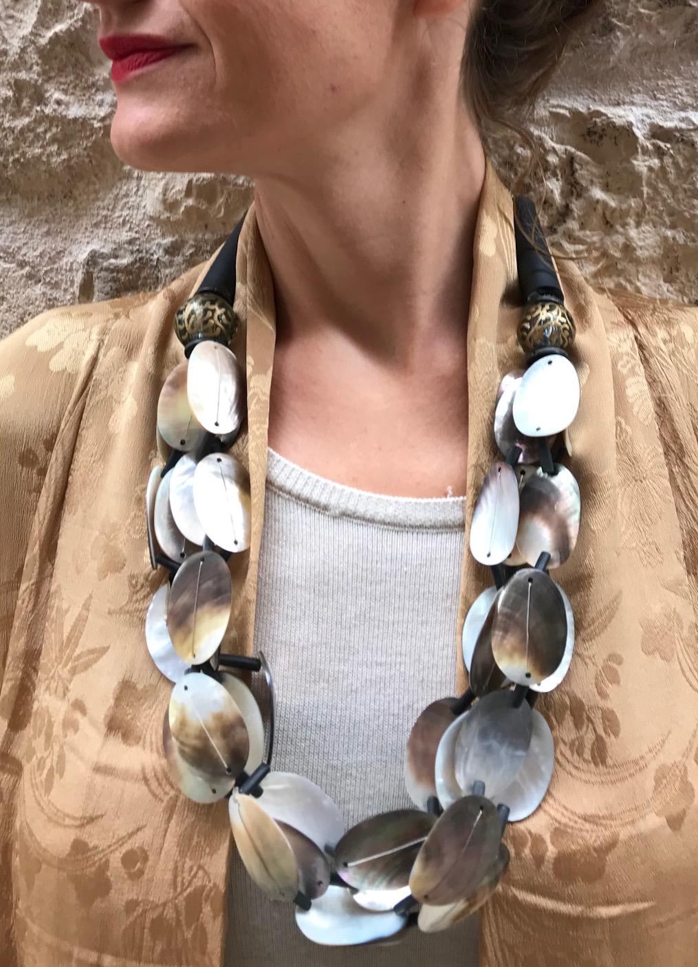 Contemporary Sylvia Gottwald , Black Mother of Pearl MultI strand Statement necklace  For Sale