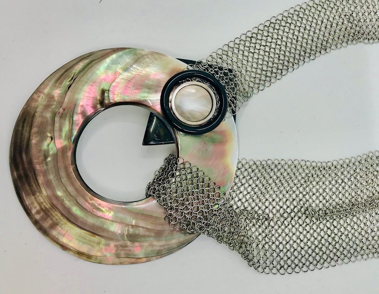 SYLVIA GOTTWALD, Black Mother of Pearl , Necklace /Belt on Stainless Steel Mesh. In New Condition For Sale In Washington DC, DC
