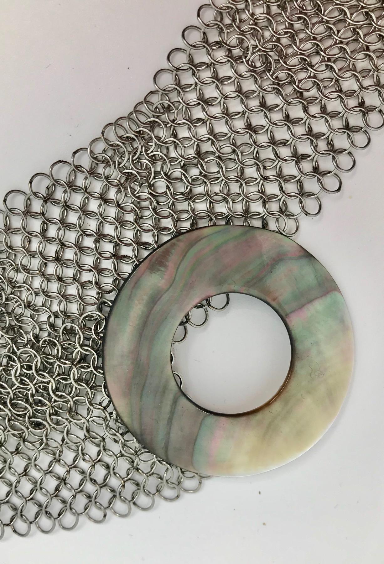 SYLVIA GOTTWALD, Black Mother of Pearl , Necklace /Belt on Stainless Steel Mesh. For Sale 1